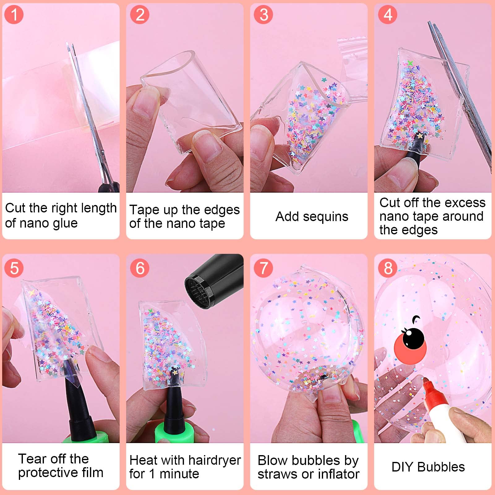 BABORUI Nano Bubbles Tape Kit, Nano Bubble Tape Toy Kit with Glitter and Balloon Inflator, Double Sided Super Elastic Bubble for Adult Party Favors Gifts Fidget Toy Craft