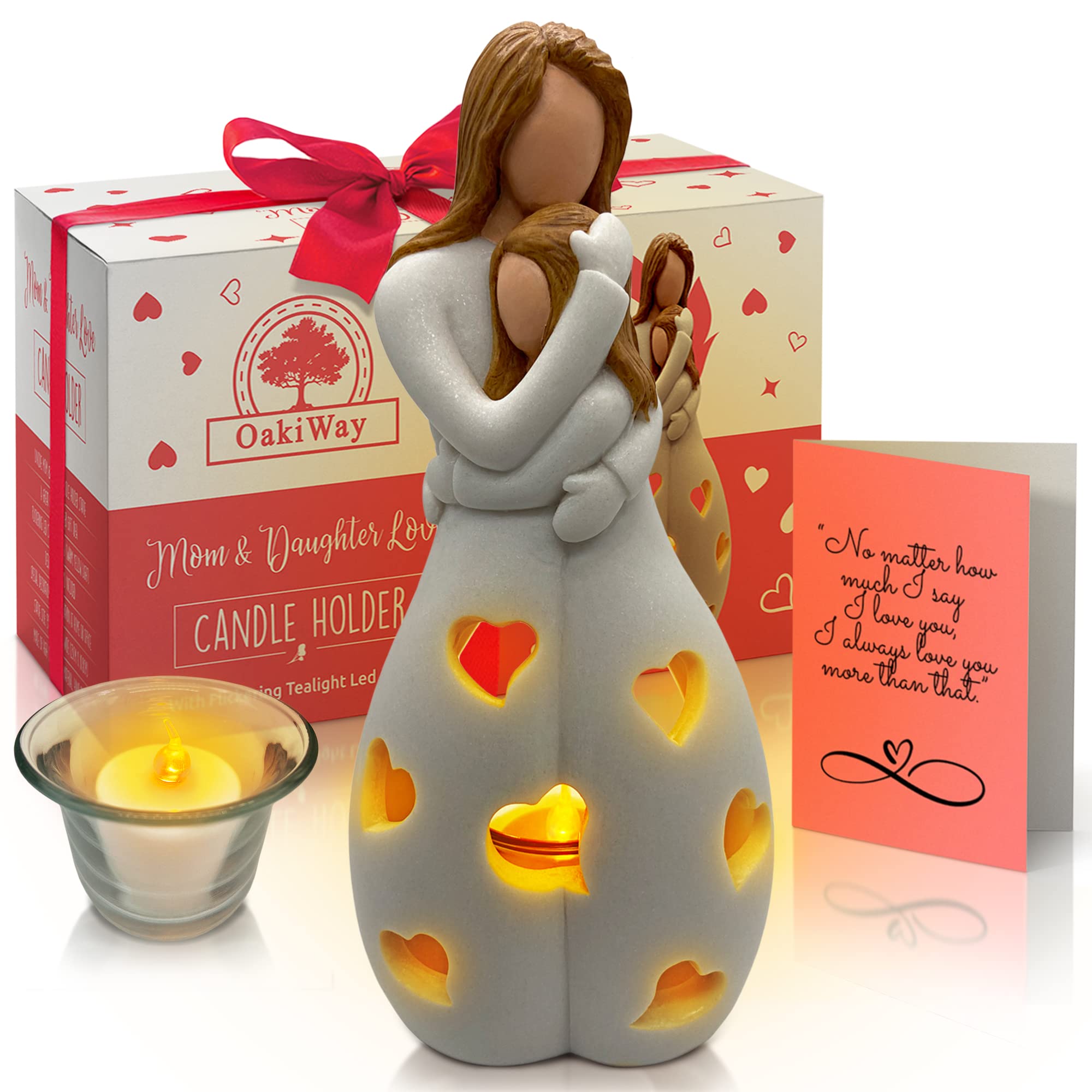 Gifts for Mom from Daughter, Mothers Day Present - Candleholder Statue W/Flickering LED - Birthday Gift for Daughters, Christmas Moms Unique Gift Ideas, Greeting Card, Seasonal Décor (Light Brown)