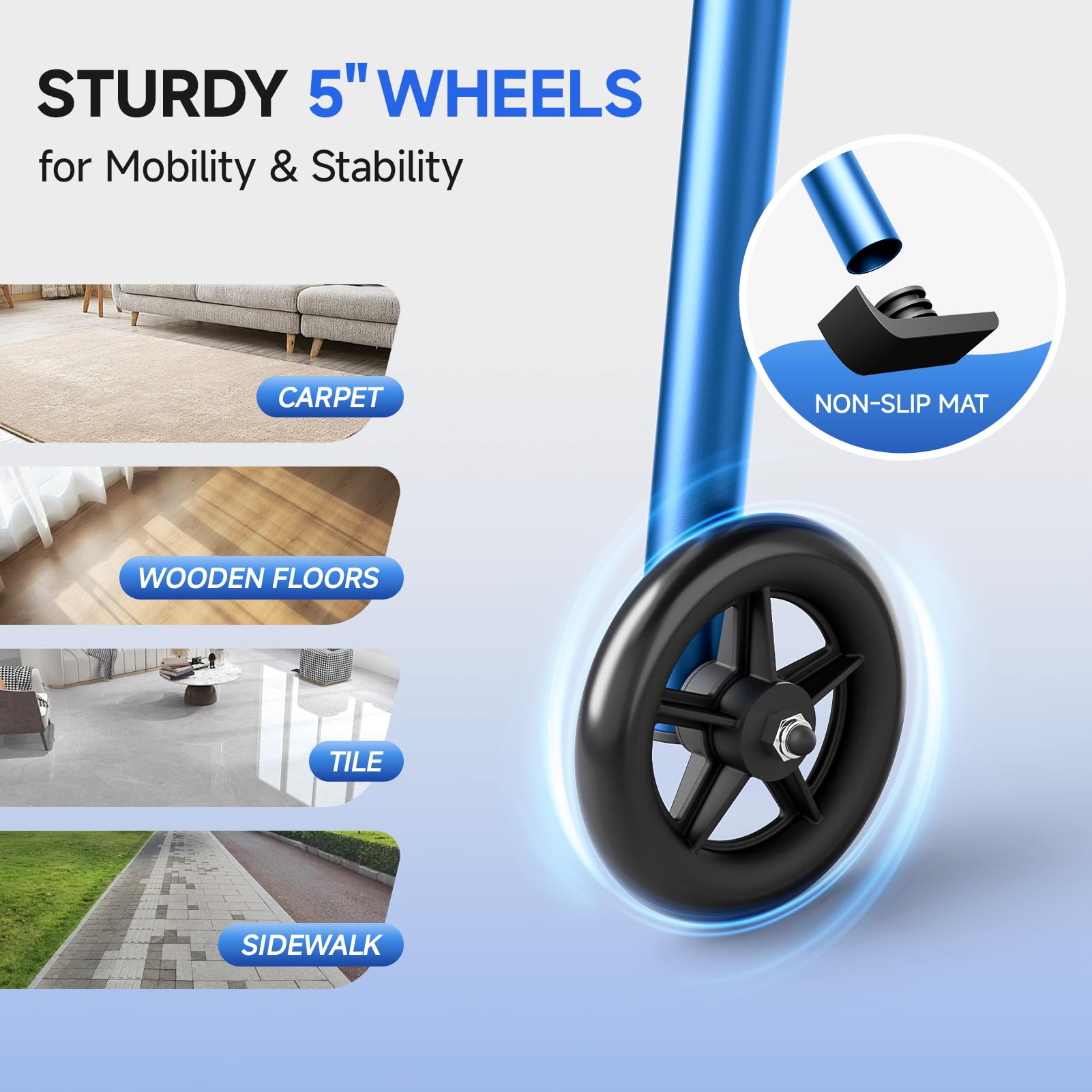 Loyoda Folding Walker for Seniors, Front Wheel Walker with Storage Bag & Rear Ski Glides, Height Adjustable, 350lbs Capacity, Blue