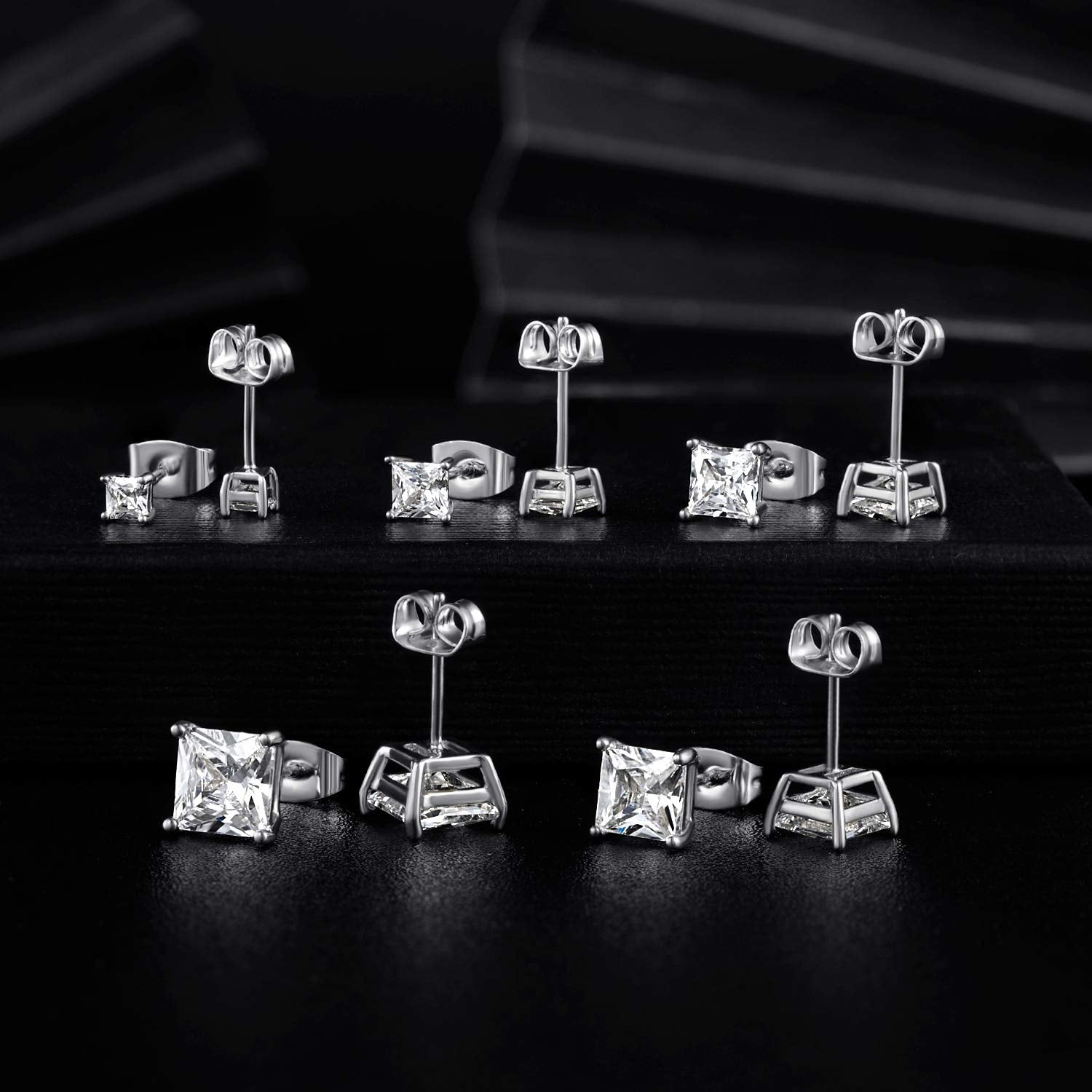 MDFUN 18K White Gold Plated Princess Cut Square Clear Cubic Zirconia Stud Earring Pack of 5 Pairs