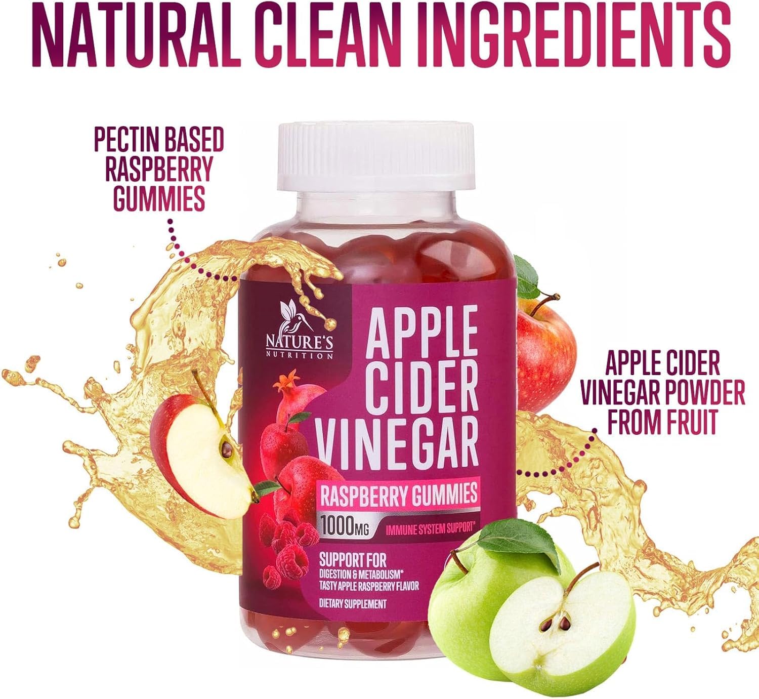 Vegan Apple Cider Vinegar Gummies 1000mg for Detox & Cleanse, ACV Gummy Vitamin B12 for Digestion Metabolism & Immune Health Support, Natural Apple Raspberry Flavor, Gluten Free - 120 Gummies