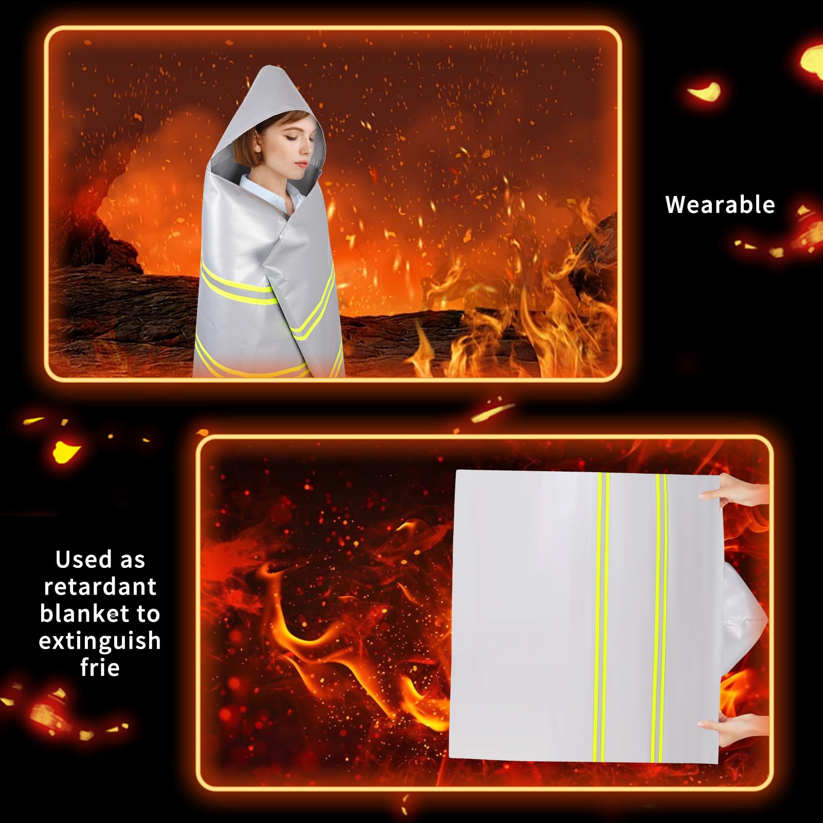 Utypee Emergency Fireproof Cloak with Hood – Silver Silicone Coated Fiberglass Fire Blanket, 59 x 47 Inches, Heat Resistant Safety Cover for Escape- fire Retardant Blanket - fire Extinguisher