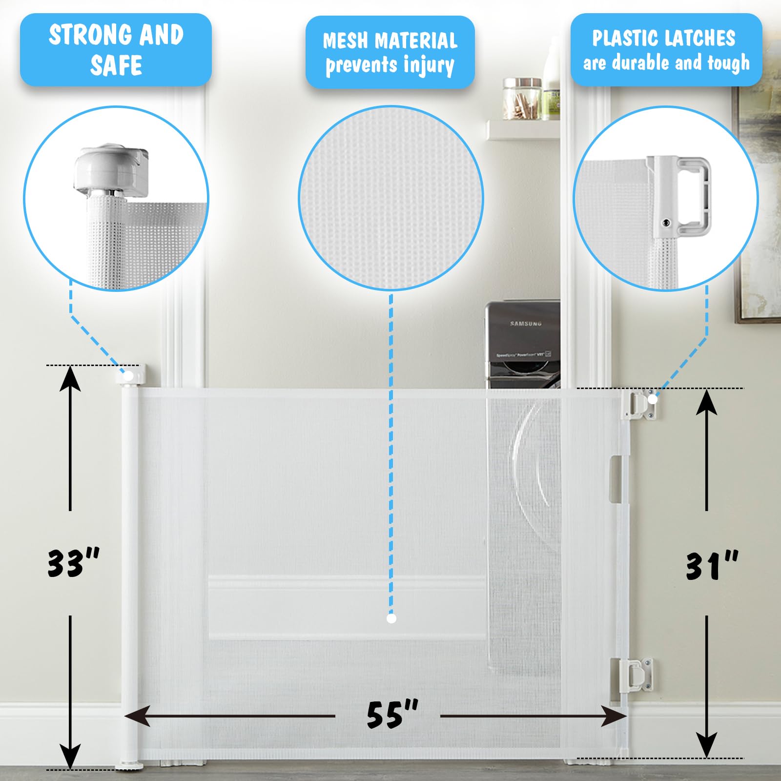 Cumbor Baby Gate Retractable Gates for Stairs, Mesh Dog Gate for The House, Wide Pet Gate 33" Tall, Extends to 55" Wide, Long Child Safety Gates for Doorways, Hallways, Cat Gate Indoor/Outdoor(White)