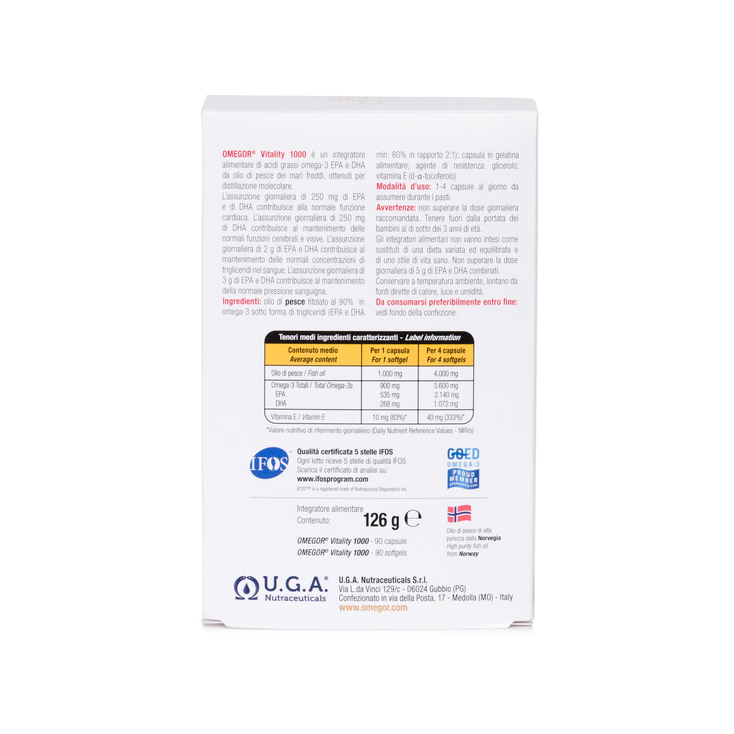 OMEGOR® Vitality 1000 with 90% Omega-3 TG! IFOS 5-Star Certified Since 2006. EPA 535mg and DHA 268mg per 2 Capsules. Minimum 90% Triglyceride Structure and Molecular Distillation | 60 Capsules