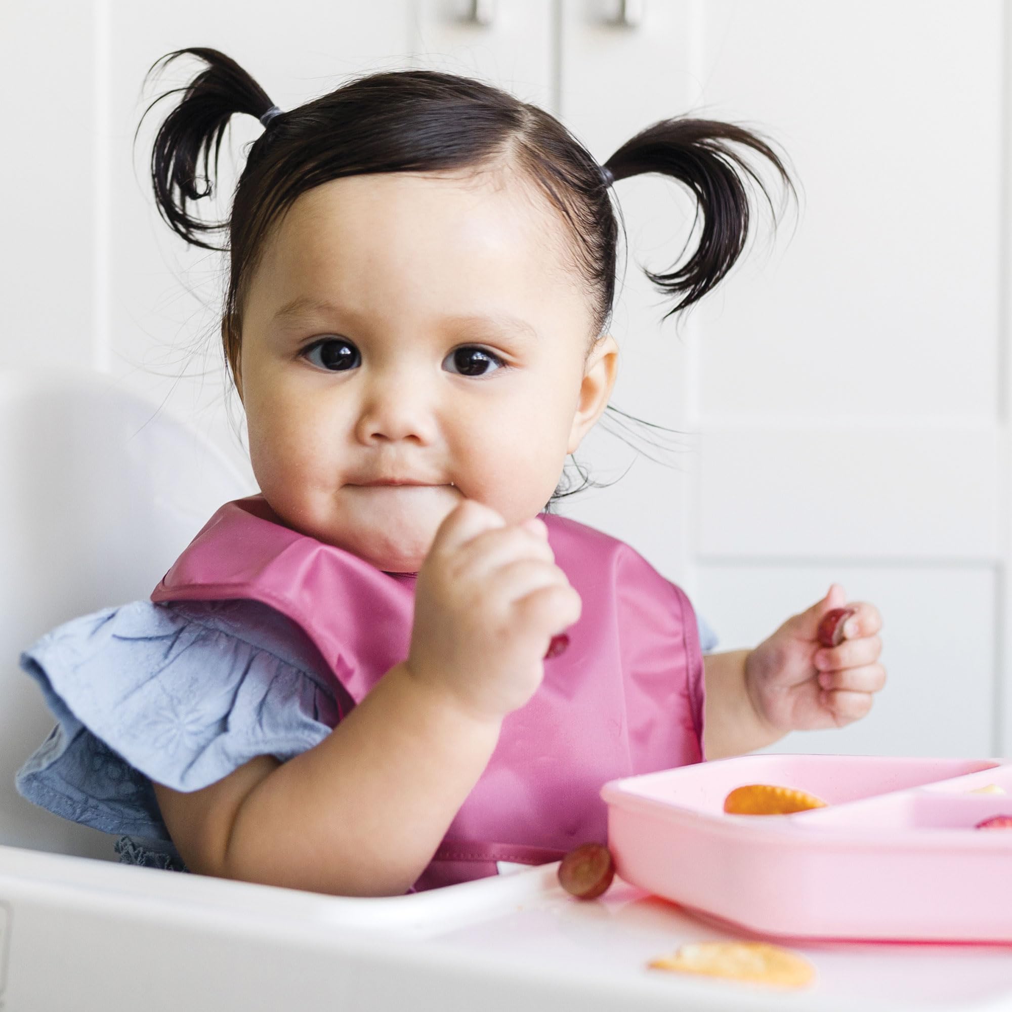 Tiny Twinkle Mess-Proof Baby Bib - Waterproof Bib for Baby Girl - Machine Washable - Adjustable Closure - PVC BPA & Phthalate Free - Great for Travel - Baby Food Bibs (3 Pack, Blush, Burgundy)