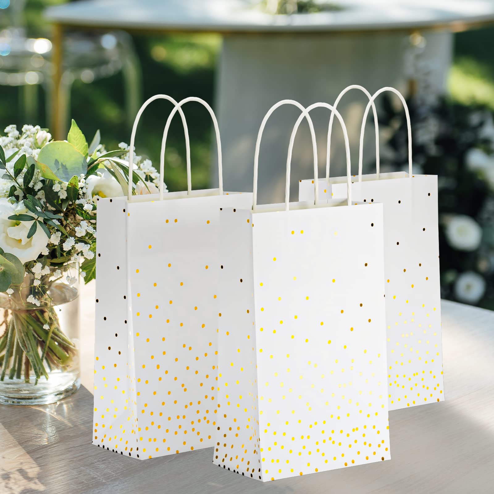 ECOHOLA 25 Pack White and Gold Gift Bags with Handles and Gold Foil Dots, Perfect for Bridal Party, Birthday Party, Wedding or Baby Showers