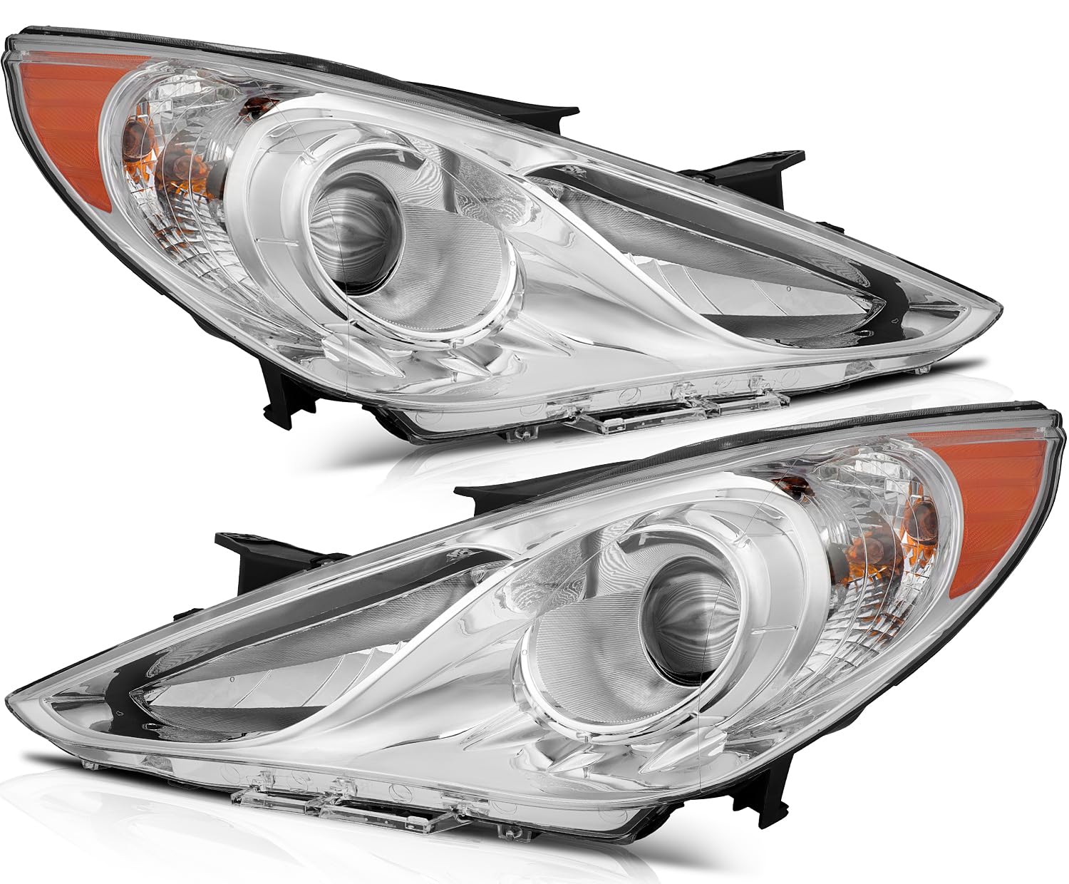 LBRST Headlight Assembly with Project for Hyundai Sonata 2011-2014 Chrome Housing Amber Reflector Clear Lens Driver and Passenger Side Headlamp