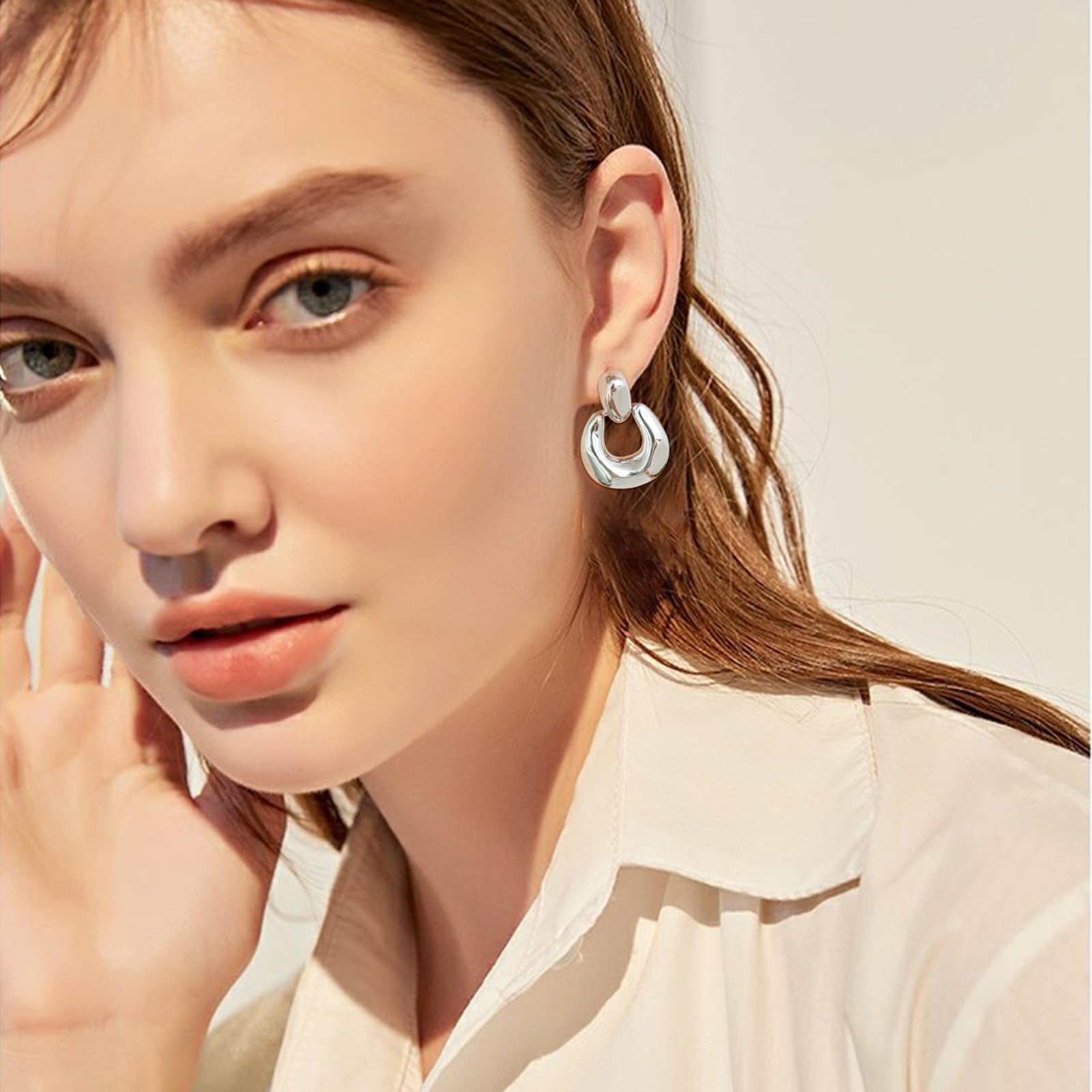 Silver Dangle Earrings for Women Statement Chunky Small Cut Design Silver Drop Earrings Door Knock Shape Dangling Earrings for Women