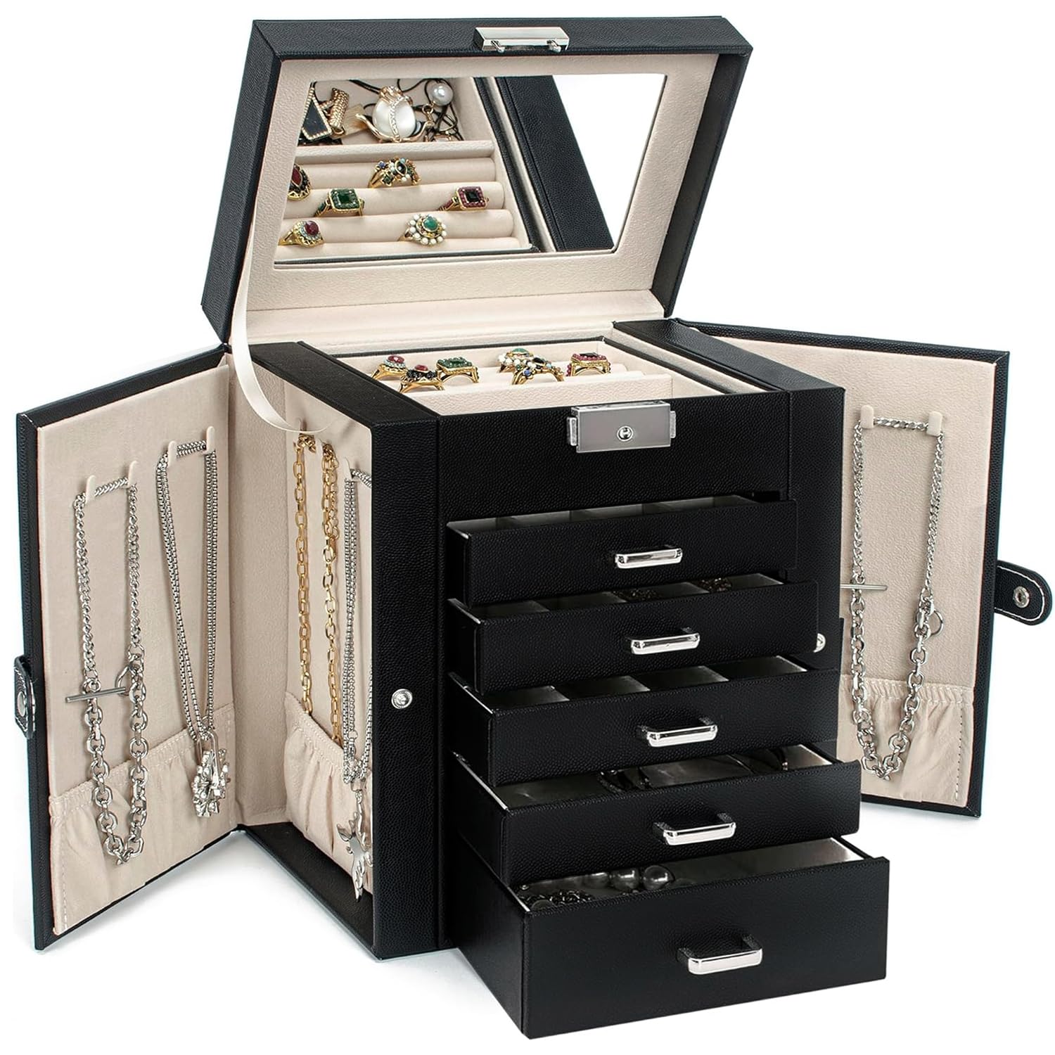 AKOZLIN 6 Layer Jewelry Box Lockable Leather Jewelry Storage Case with 5 Drawers for Women Girls Ring Necklace Earring Bracelet Holder Organizer with Mirror