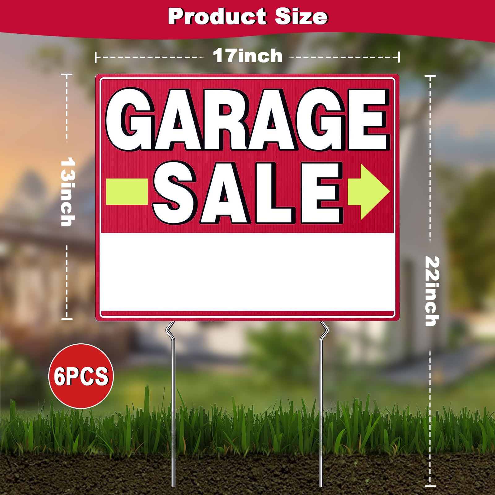 Garage Sale Sign, 6 Pcs 17" x 13" Garage Sale Signs with Stakes Yard Sale Signs with Stakes Weather-proof Garage Sale Sign with Arrow Metal Stakes for Outdoor Estate (Double Side)