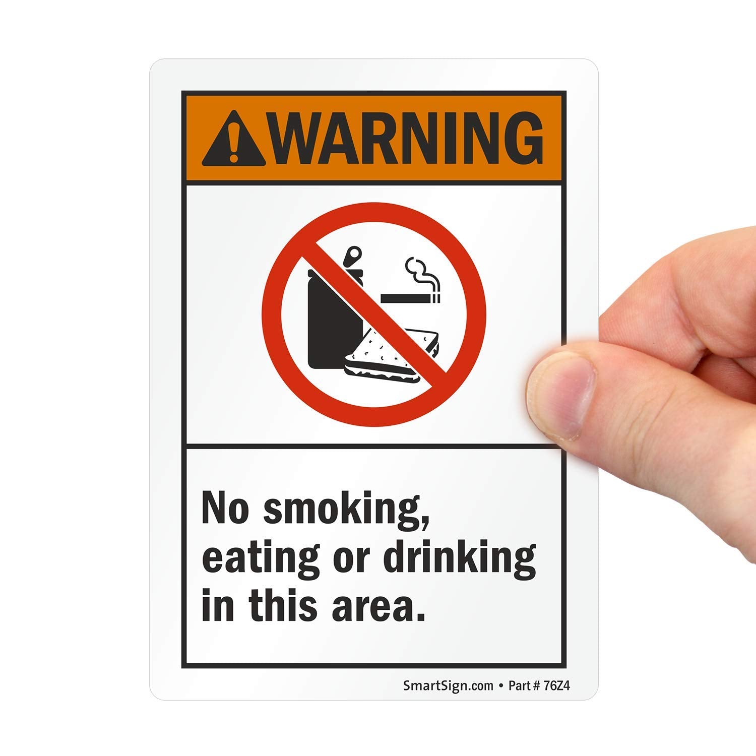 SmartSign - U9-1638-ND "Warning - No Smoking, Eating or Drinking In This Area" Label | 3.5" x 5" Laminated Vinyl , Black/Orange on White