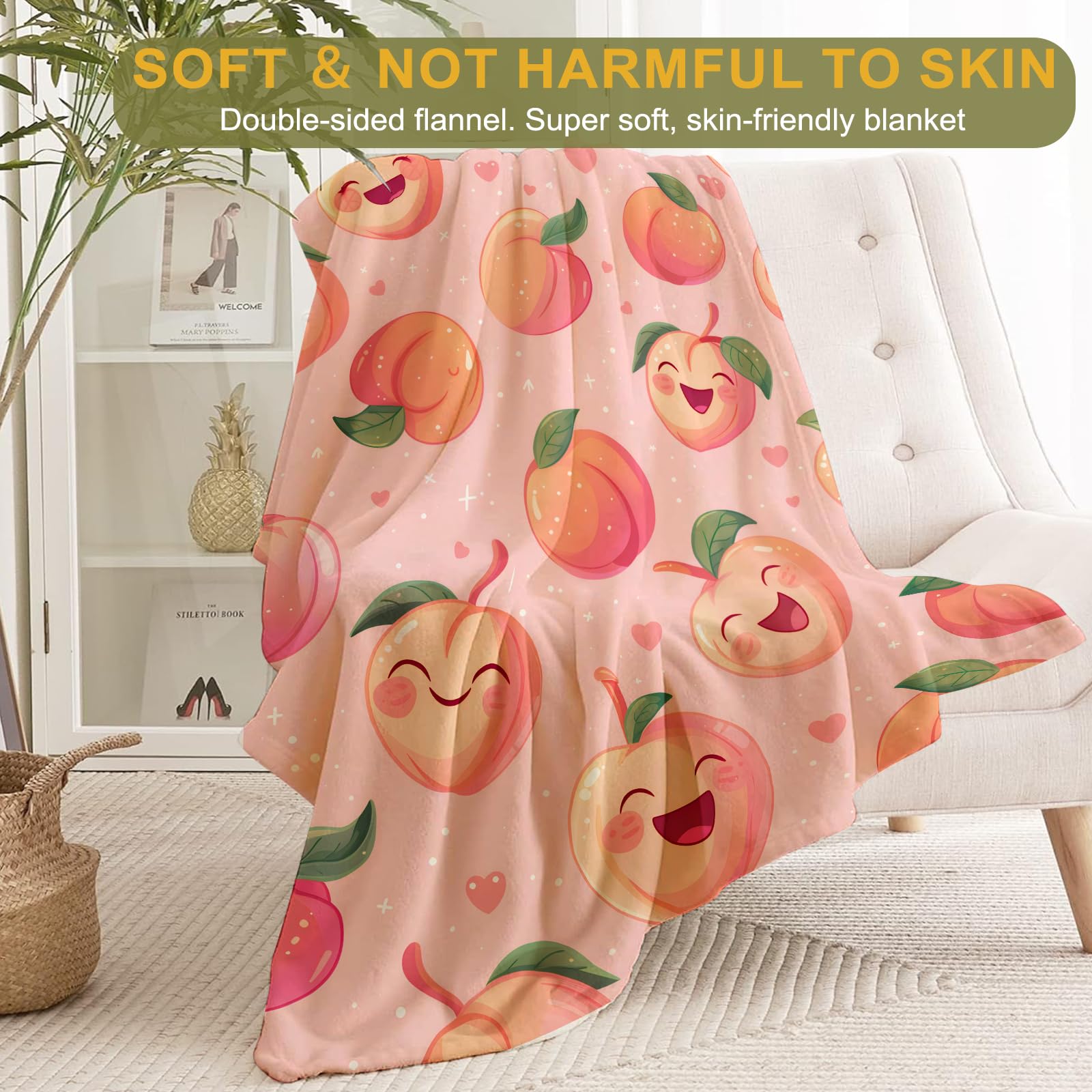 ainori Peach Flannel Blanket - Cute Happy Fruit Smiling Peaches on Pink Throw - Lightweight Soft Cozy Gifts Blankets for Kids Adult,Modern Home Room Whimsical Decor 50x60in