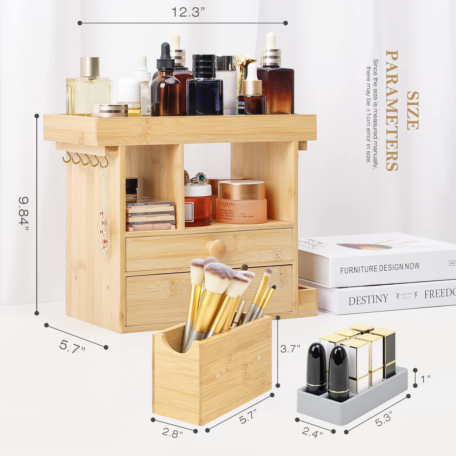 Homde Bamboo Makeup Organizer Cosmetic Jewelry Storage Organizer Multi-Function Make up Box Stand for Vanity, Desk, Bathroom, Bedroom with Hooks,Drawer,Silicone Lipstick Holder