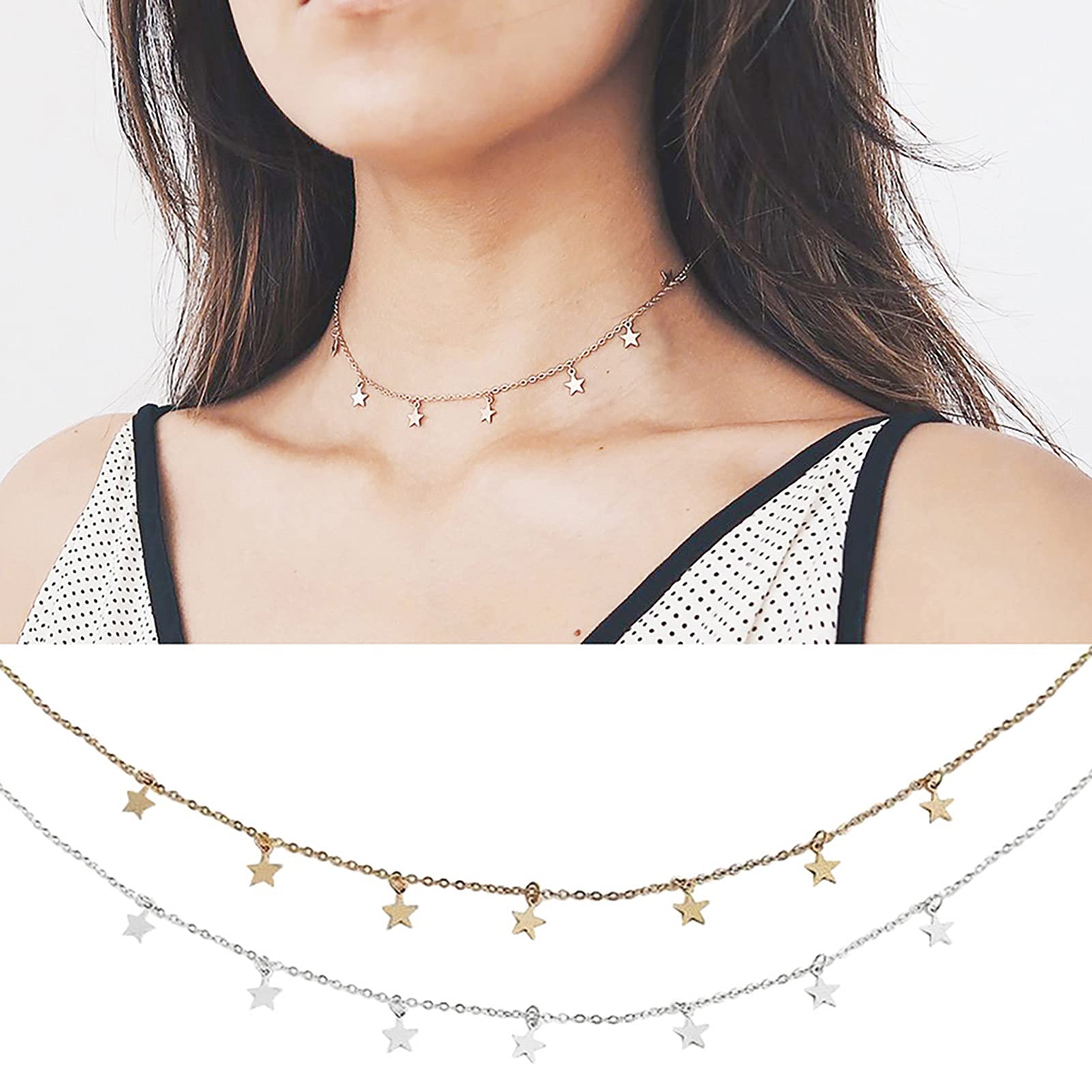 Shulemin Necklaces for Women Pendant Fashion Jewelry Valentine Gift Choker Necklace Star Pendant Jewelry Gift Stars Pendant Alloy Clavicle Chain Beaded Necklace Set Gift for Her -Golden