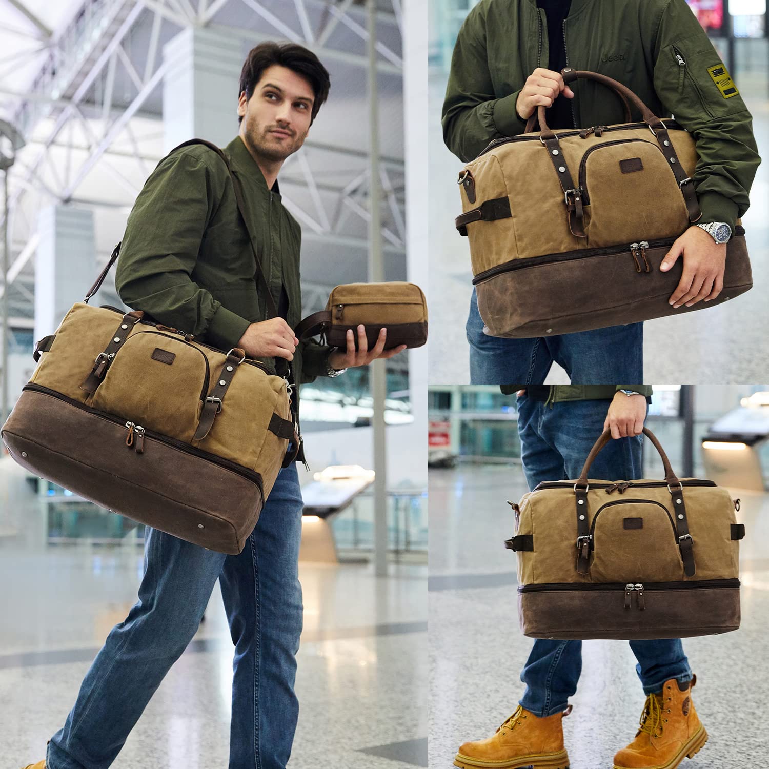 Nerlion Weekender Bag with Shoe Compartment Large Overnight Bag for Men Canvas Genuine Leather Carry on Luggage Bag Travel Duffel Bag(Brown)