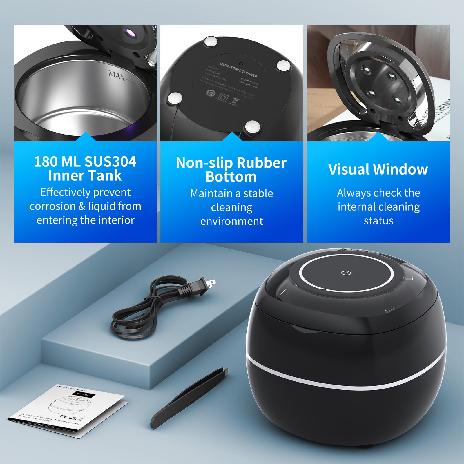 Ultrasonic Retainer Cleaner, 30W/42Khz Professional Retainer Cleaner Machine with Digital Timer, 180ML Portable Ultrasonic Jewelry Cleaner for Dentures, Aligner, Braces, Mouth Guard(Black)