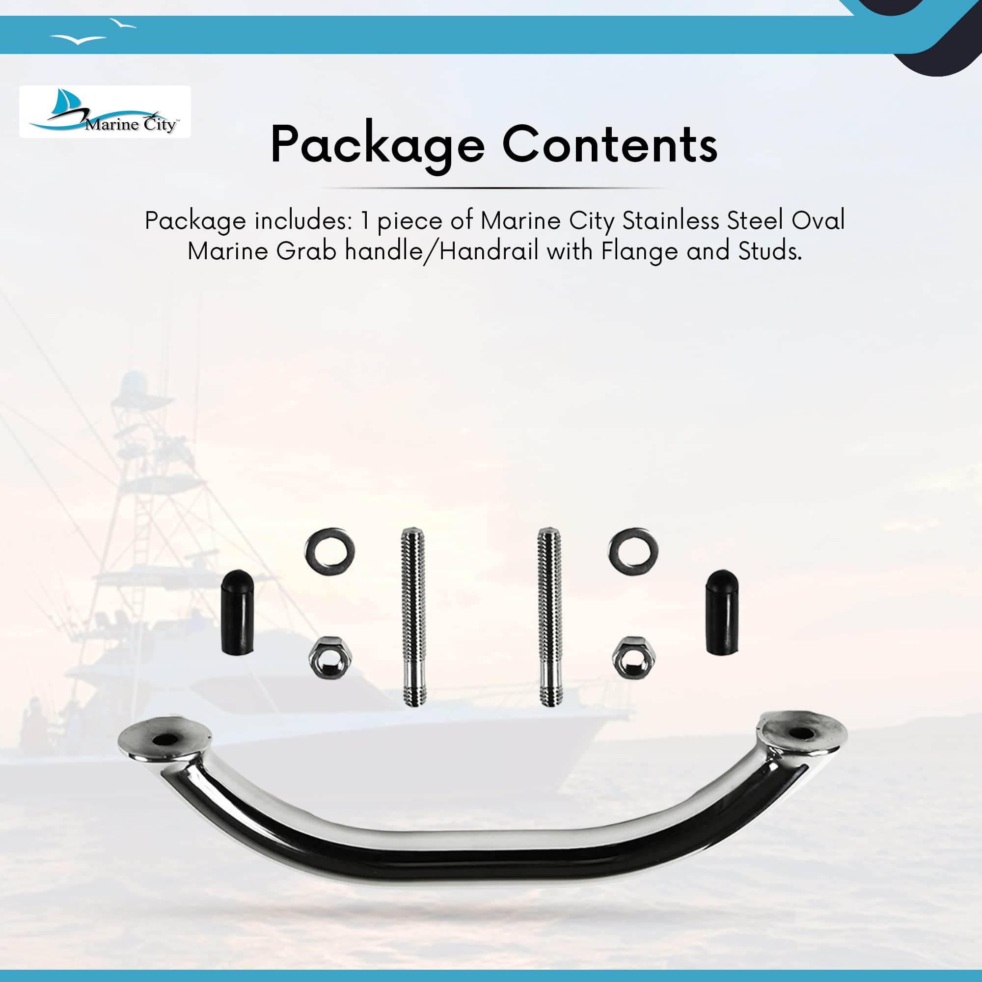 MARINE CITY Stainless Steel Oval Marine Grab Handle/Handrail with Flange and Studs for Boats – Ships – Yachts – Kayaks (8 Inches)