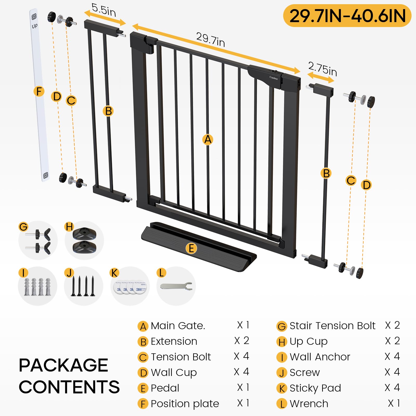 Cumbor 29.7-40.6" Baby Gate for Stairs, Mom's Choice Awards Winner-Dog Gate for Doorways, Pressure Mounted Self Closing Pet Gates for Dogs Indoor, Durable Safety Child Gate with Easy Walk Thru Door