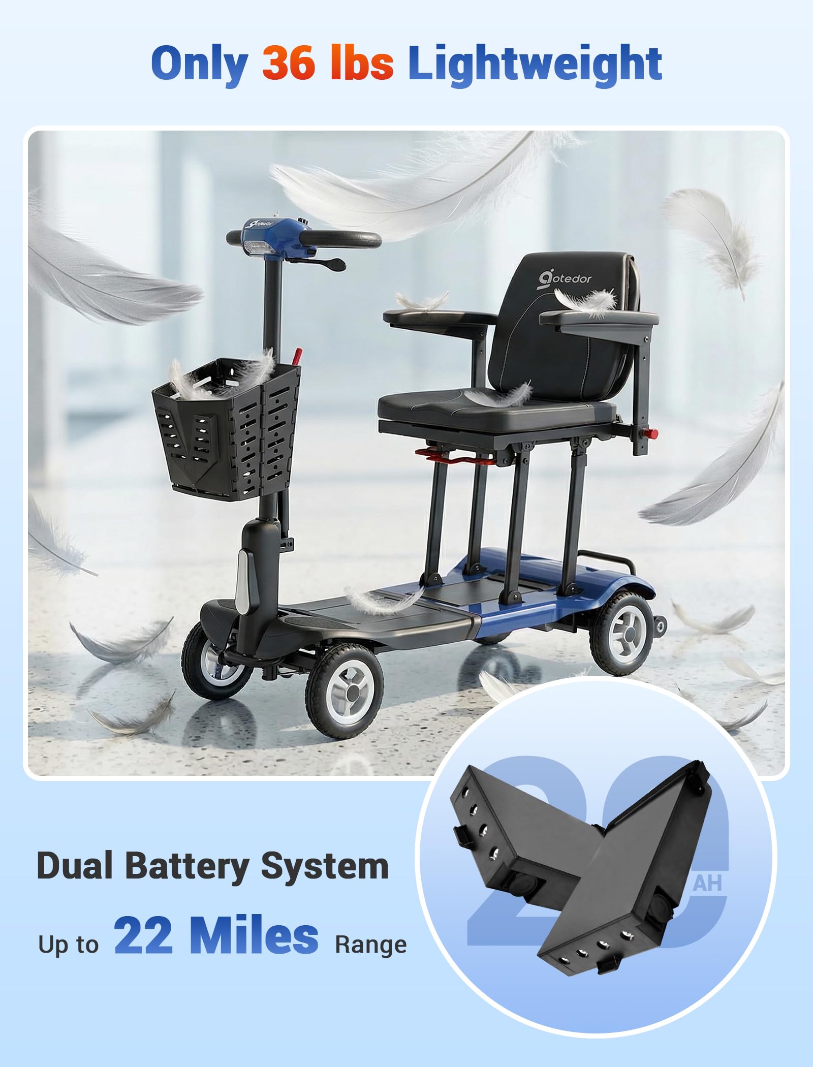[2026 Upgrade] Aotedor Ultra Lightweight Mobility Scooters for Adults, 36Lbs Foldable Motorized Scooter for Seniors with 2 Lithium Batteries All Terrain Electric Power Scooter Airline Approved