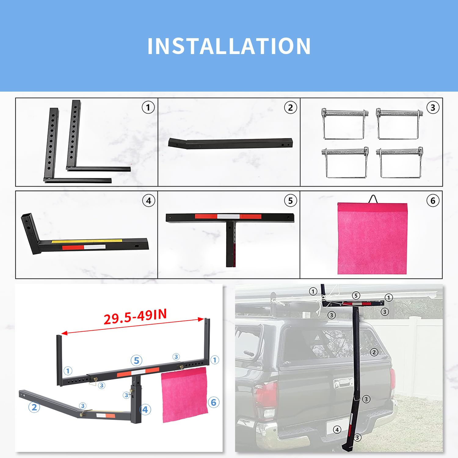 ECOTRIC Truck Bed Extender Pickup Truck Bed Hitch Mount Extension Rack SUV Lumber Ladder Canoe Boat Kayak Long Pipes w/Flag 750lbs Capacity