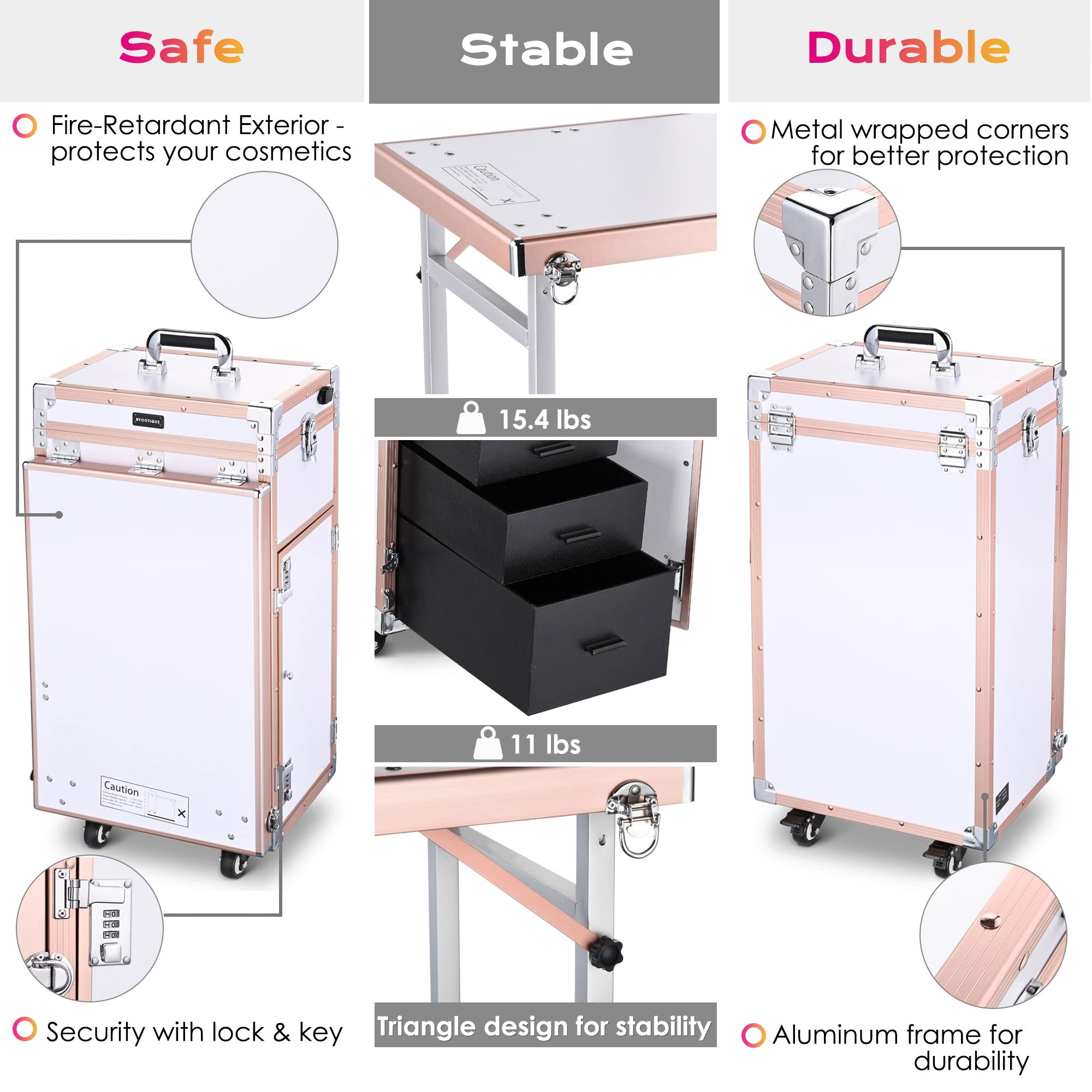 BYOOTIQUE Rolling Manicure Table Foldable Nail Salon Station Makeup Train Case Cosmetic Trolley Travel Storage Organizer with 4 Drawers Mirror & Speaker for Technician Workstation, Rose Gold