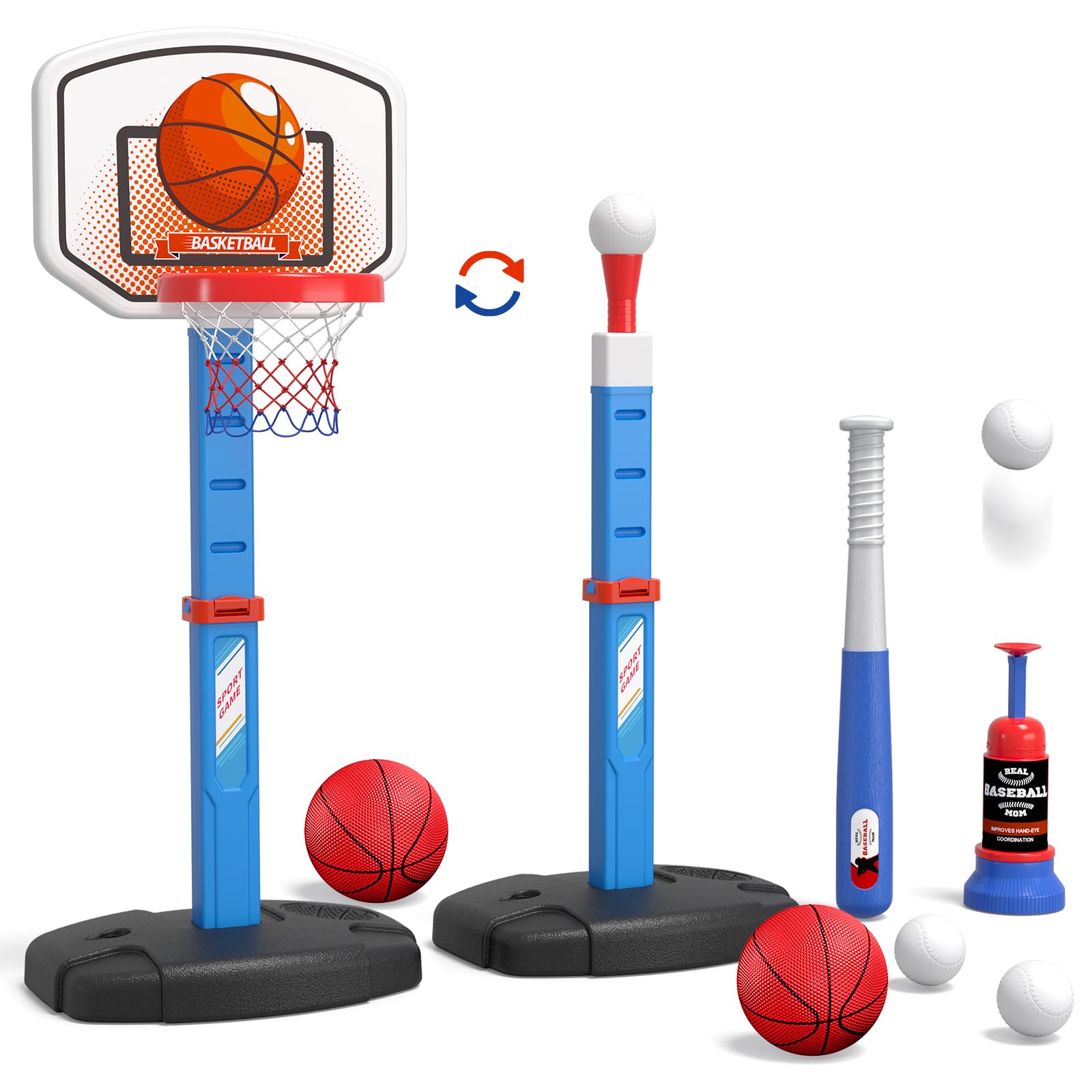 HYES 2 in 1 Kids Basketball Hoop and T Ball Set - Adjustable Height, Kids Baseball Tee with Automatic Pitching Machine, Indoor Outdoor Sport Toys Gifts for Toddler Boys Girls Age 1-5, Blue