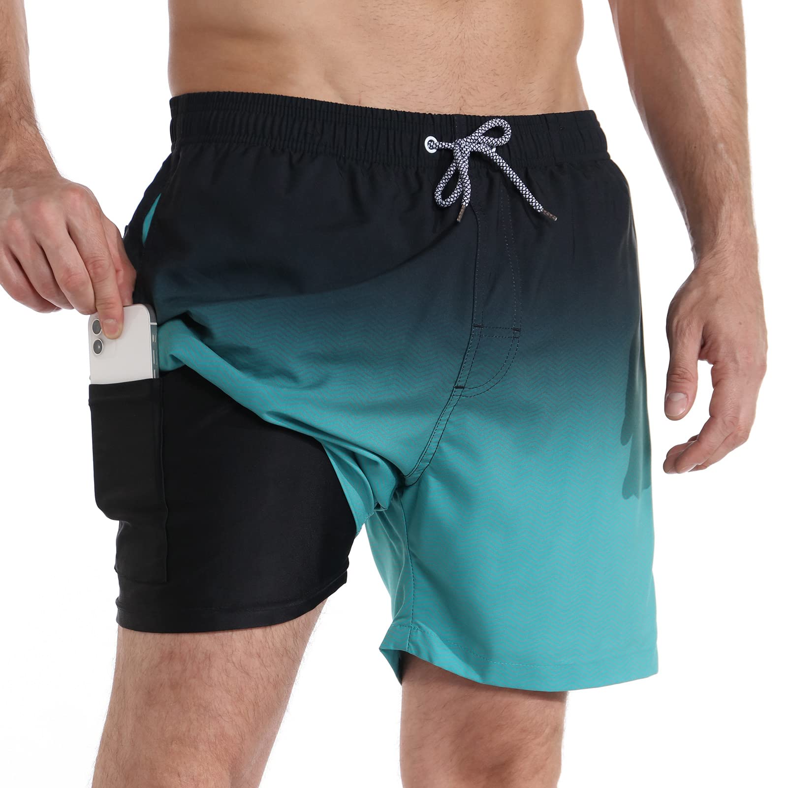 zeetoo Mens Swim Trunks with Compression Liner 5.5" Inseam Swim Shorts Quick Dry Shorts Gradient-Green M