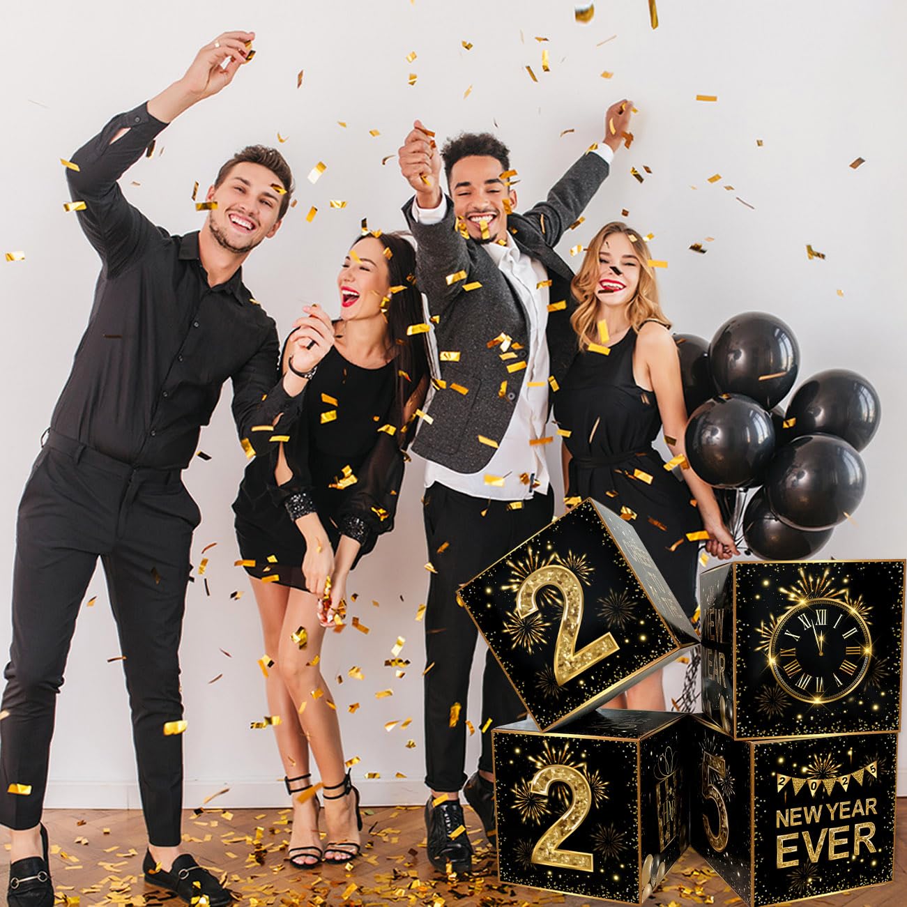 Happy New Year Decorations 2025 New Years Eve Party Supplies Black and Gold Balloon Boxes 2025 Cheers to the New Years Birthday Party Decor Backdrop