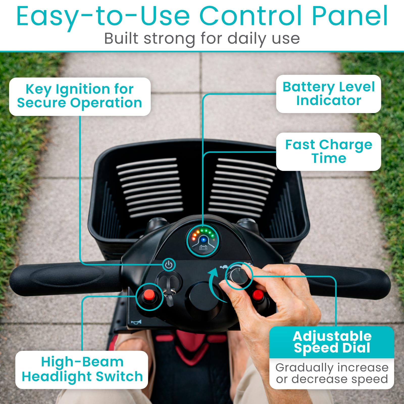 Vive 4 Wheel Mobility Scooter - Electric Powered Wheelchair Device - Compact Heavy Duty Mobile for Travel, Adults, Elderly - Long Range Power Extended Battery with Charger & Basket