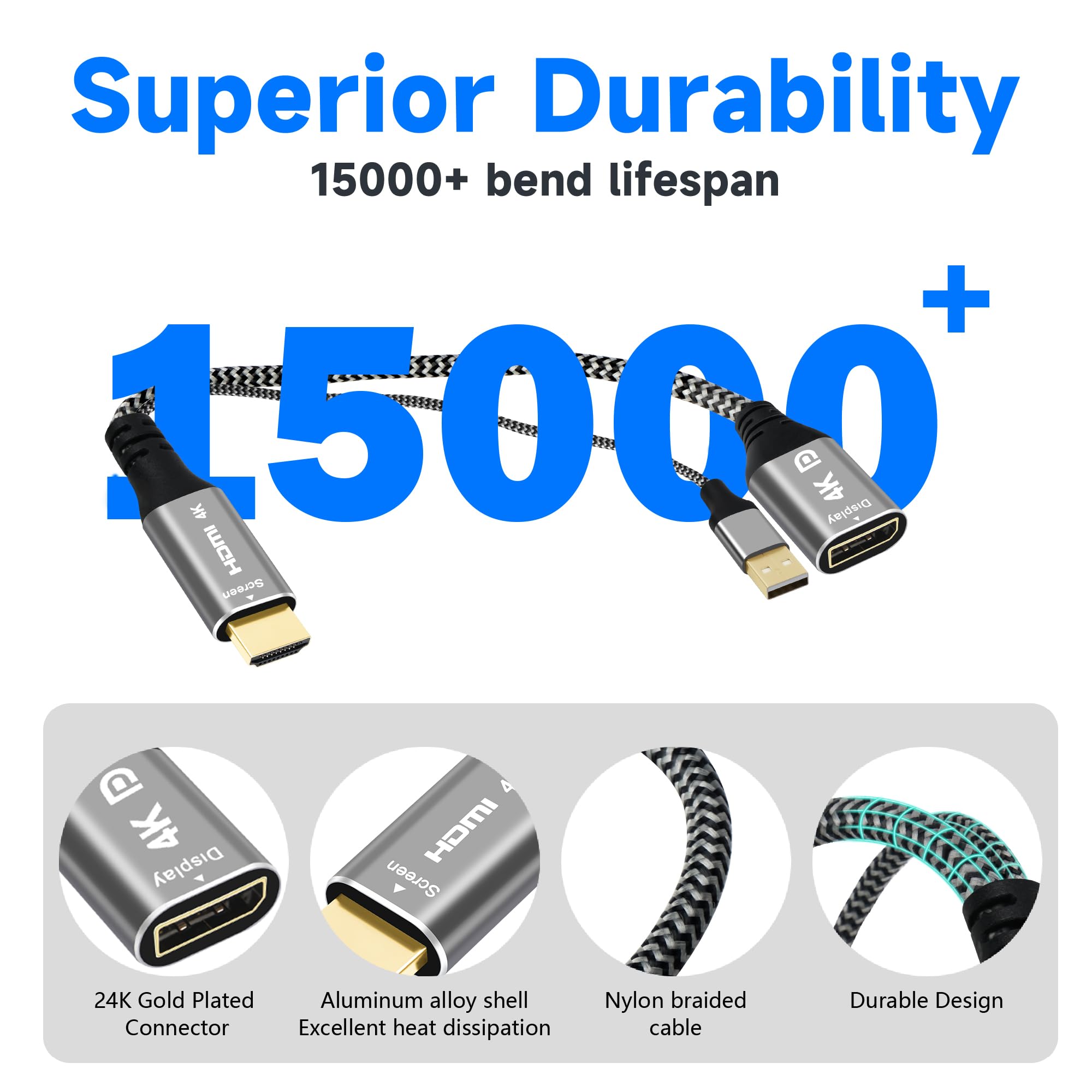 4K HDMI to DisplayPort Adapter with USB Powered, Uni-Directional HDMI Male (Source) to DP Female (Screen), 4K@60Hz, Nylon Braided Converter Connector, Compatible with Xbox One, PS4, PS5, AMD - 0.6 FT