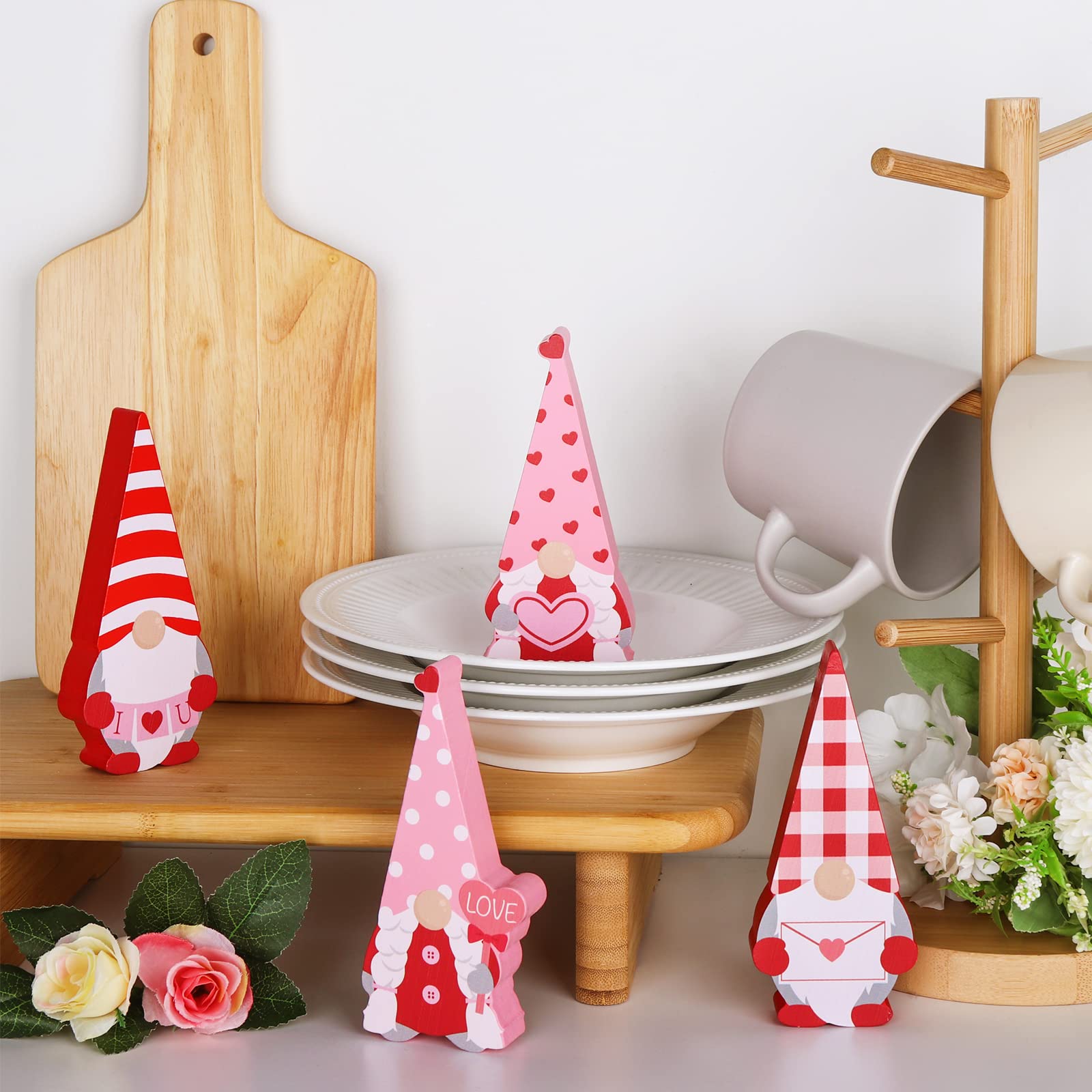 Treory Valentines Day Decor Gnome Table Decorations Sign, 4 Pcs Valentines Day Red and Pink Wooden Tiered Tray Decor, Classic Valentines Day Decorations for The Home Table Decor Valentines Day Gifts