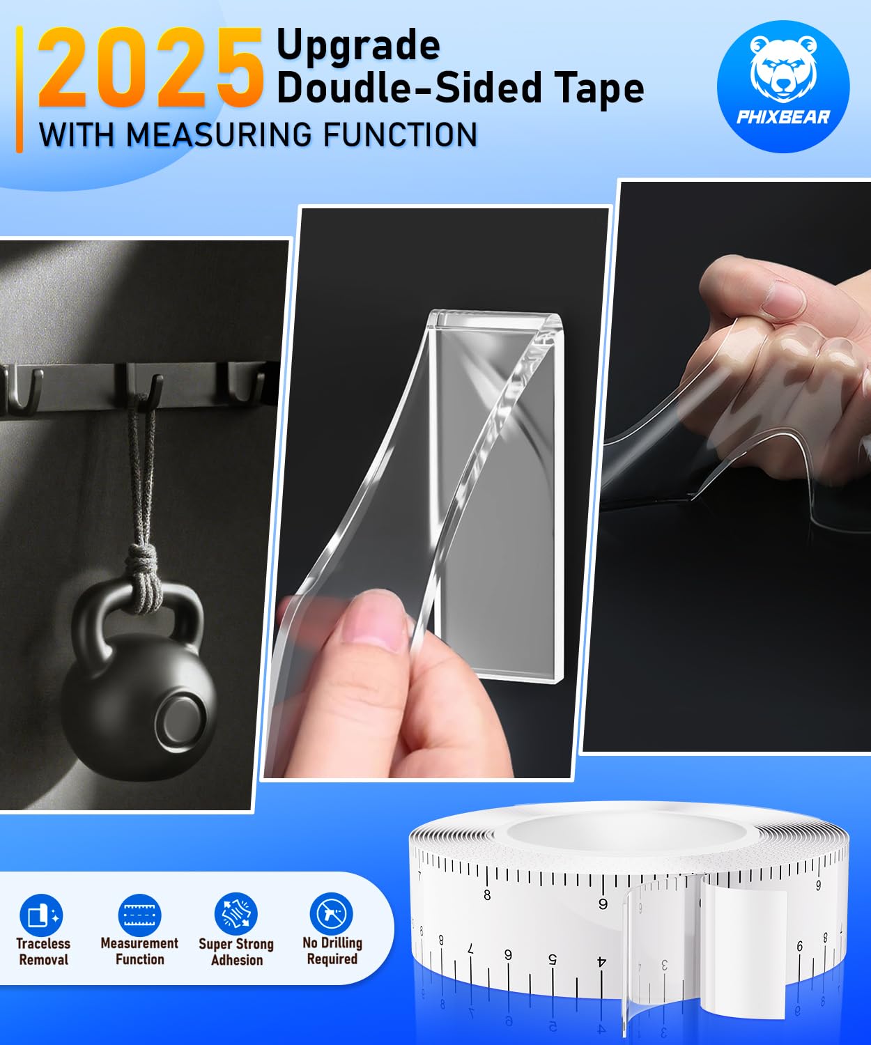 PHIXBEAR Heavy Duty Mounting Tape with Inch Measure Mark, Removable Clear Traceless Double Sided Strong Adhesive Tape for Wall, Carpet, Poster, Dorm Room, No Residue 1.18" x 15Ft