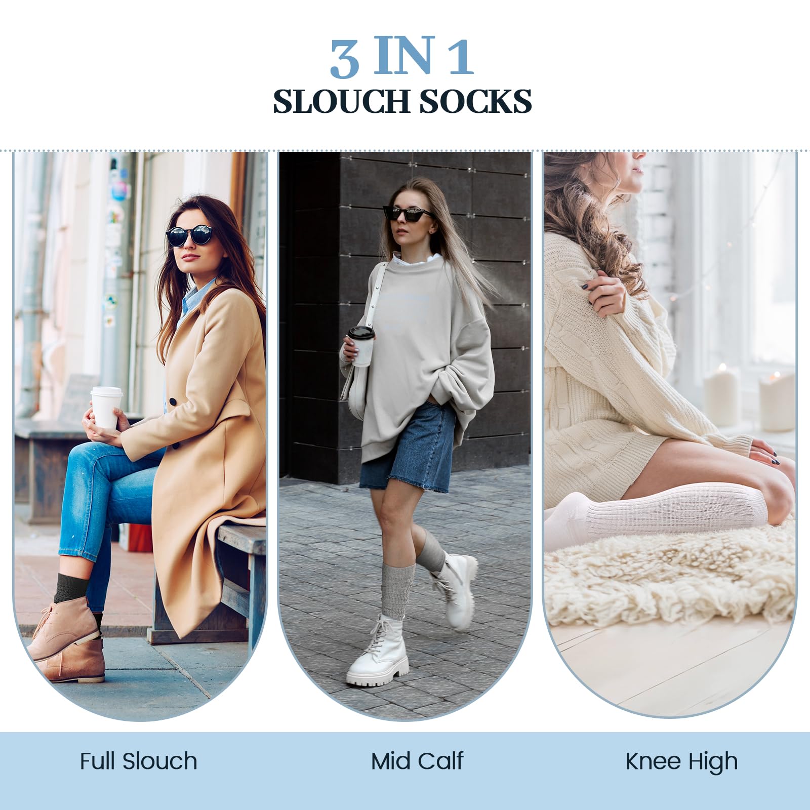 Pleneal 3 Pairs Slouch Socks Winter Long Boot Chunky Scrunch Socks, Knit Crew Knee High Boot Socks