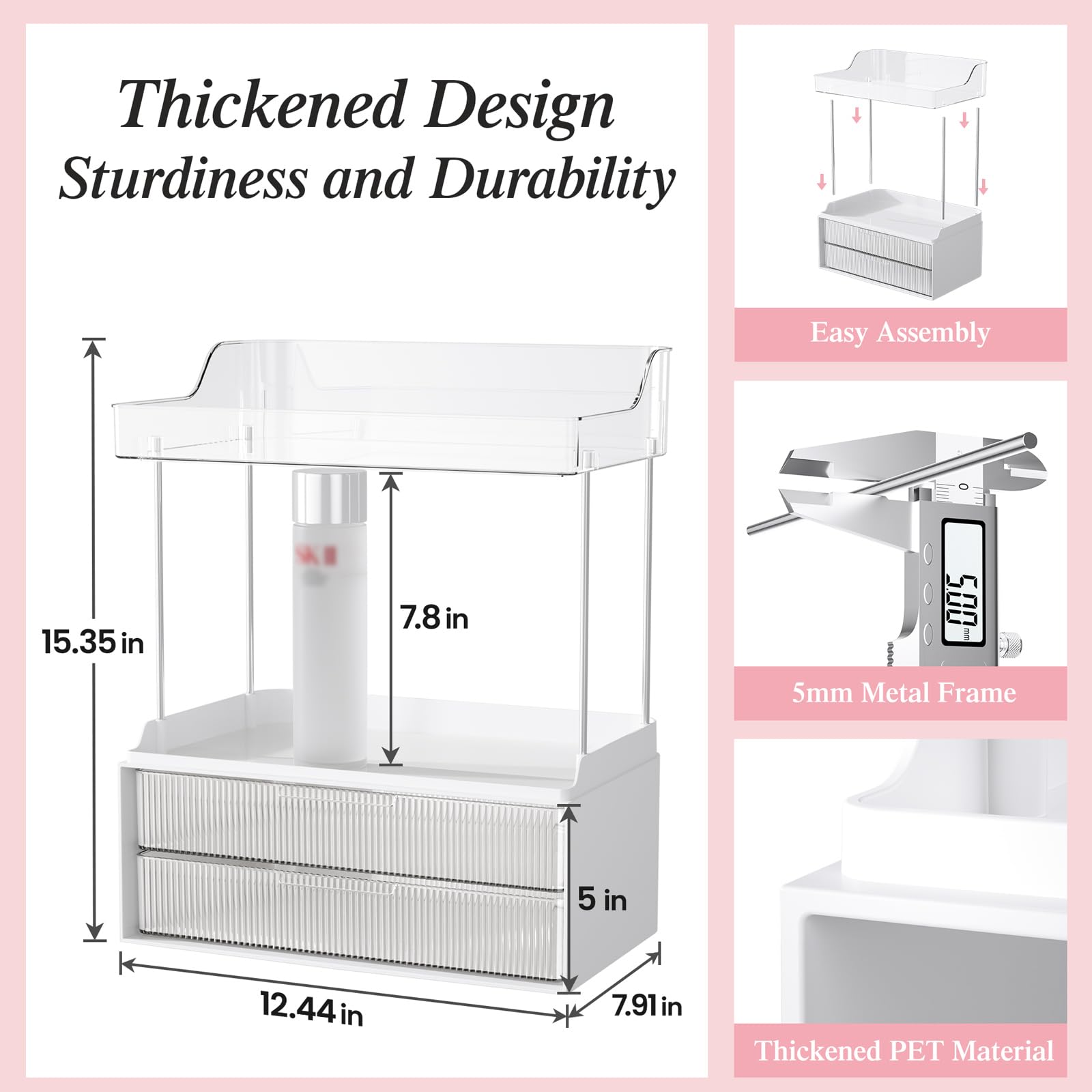 TidyStash 2-Tier 2-Drawer Bathroom Counter Organizer, Elegant Makeup Organizer, Ideal for Present, Easy to Install, Suitable as Bathroom Organizers and Storage, Vanity and Countertop Organizer, Clear