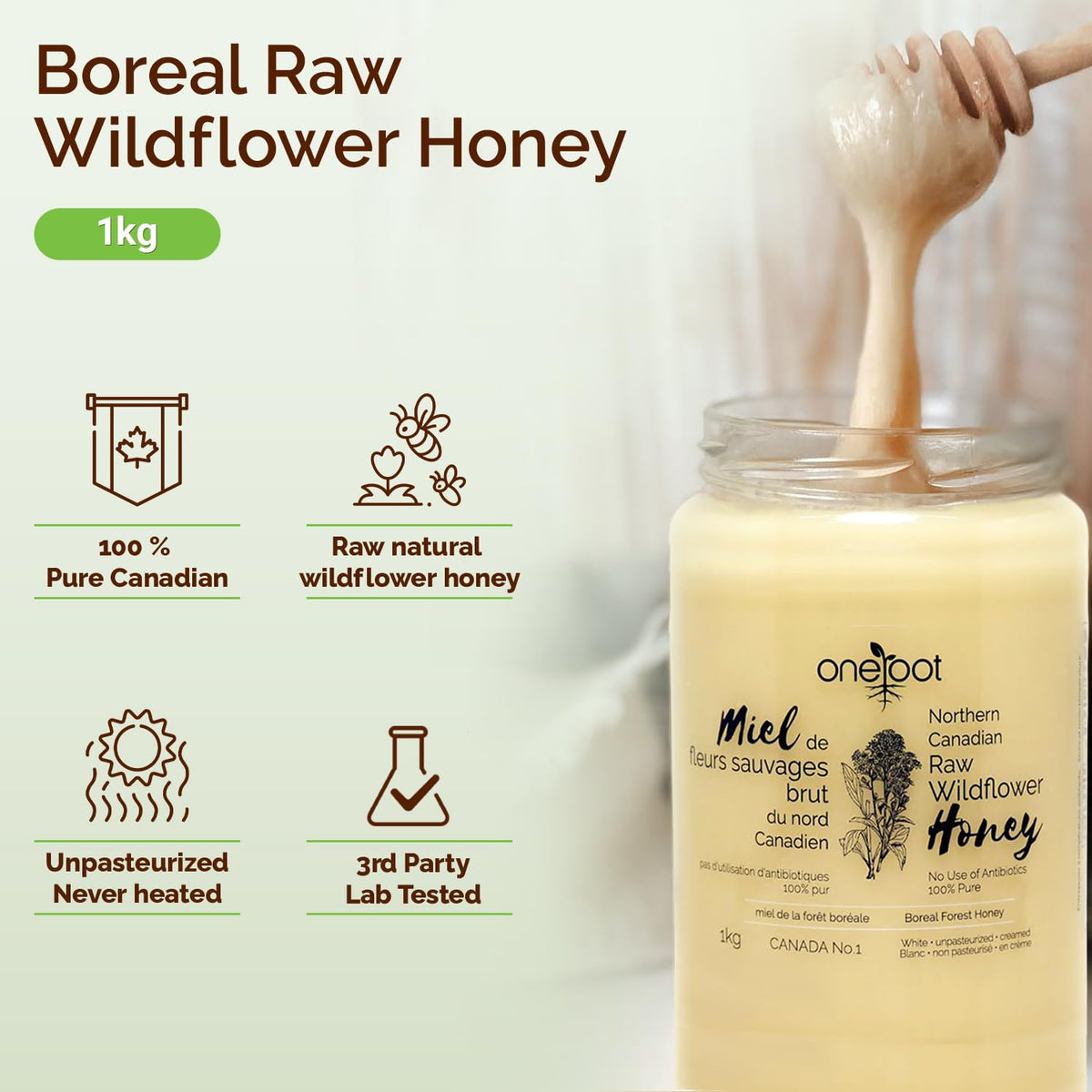 Oneroot 100% Canadian Flower Honey - 1kg / 2.2lbs, Honey Wildflower Unfiltered, Unheated & Creamed, Nutrient Rich Raw Wildflower Honey With Enzymes, Thick Natural Sweetener