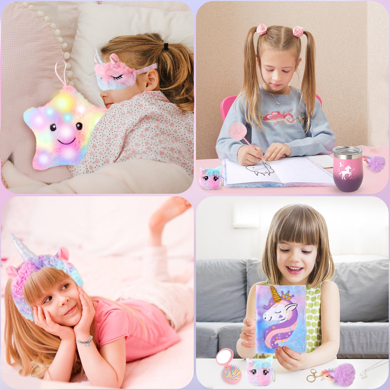 Unicorns Gifts for Girls 5 6 7 8 9 10+ Years Old, Kids Unicorn Toys with Light Up Plush Star Pillow, Diary, Headband, Eye Mask, Water Bottle, Soft Plush Toys Set for Teens Birthday Gifts Christmas