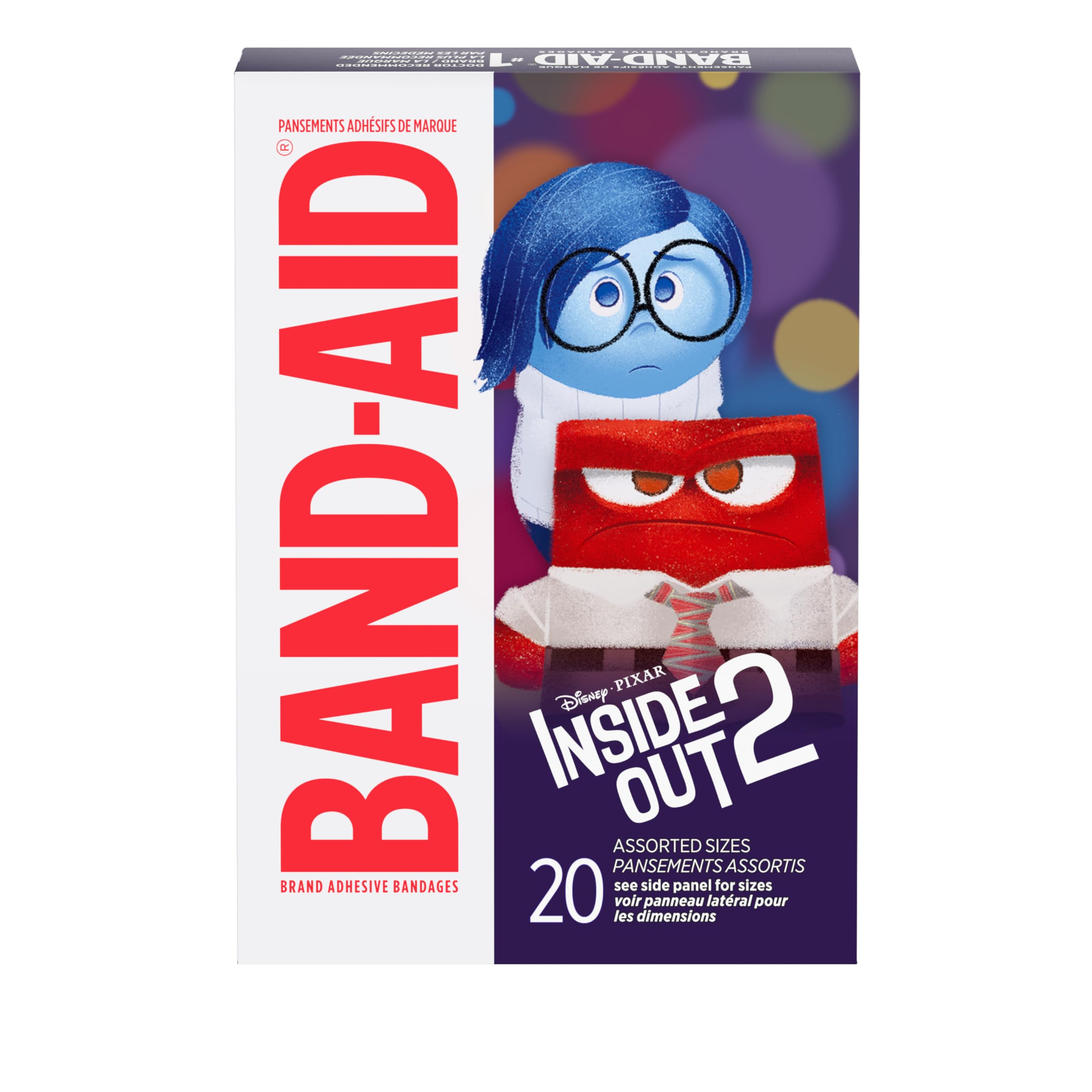 Band-Aid Brand Adhesive First Aid Bandages for Minor Cuts & Scrapes, Wound Care Featuring Disney Pixar's Inside Out Characters, Fun Bandages for Kids & Toddlers, Assorted Sizes, 20 Ct