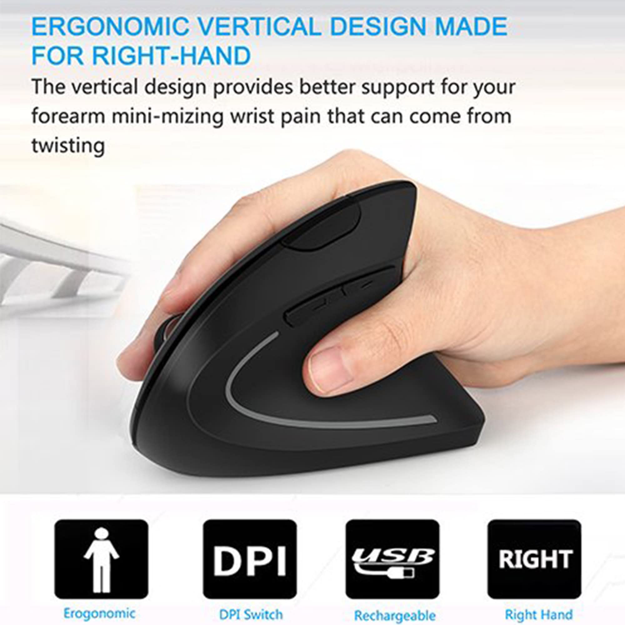 Lekvey Ergonomic Mouse, Vertical Wireless Mouse - Rechargeable 2.4GHz Optical Vertical Mice : 3 Adjustable DPI 800/1200/1600 Levels 6 Buttons, for Laptop, PC, Computer, Desktop, Notebook etc, Black