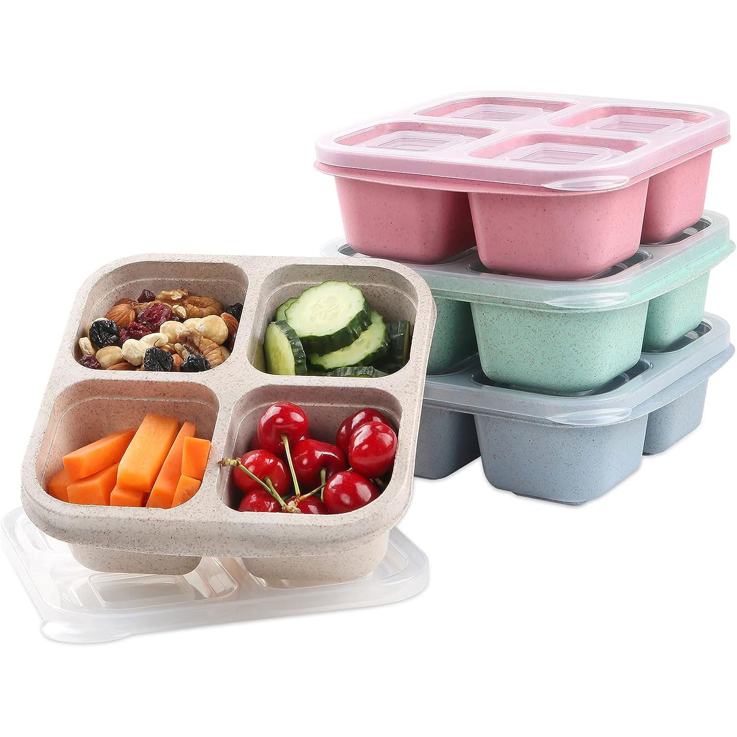 ozazuco 4 Pack Snack Containers, Divided Bento Snack Box, 4 Compartments Reusable Meal Prep Lunch Containers for Kids Adults, Food Storage Containers for School Work Travel