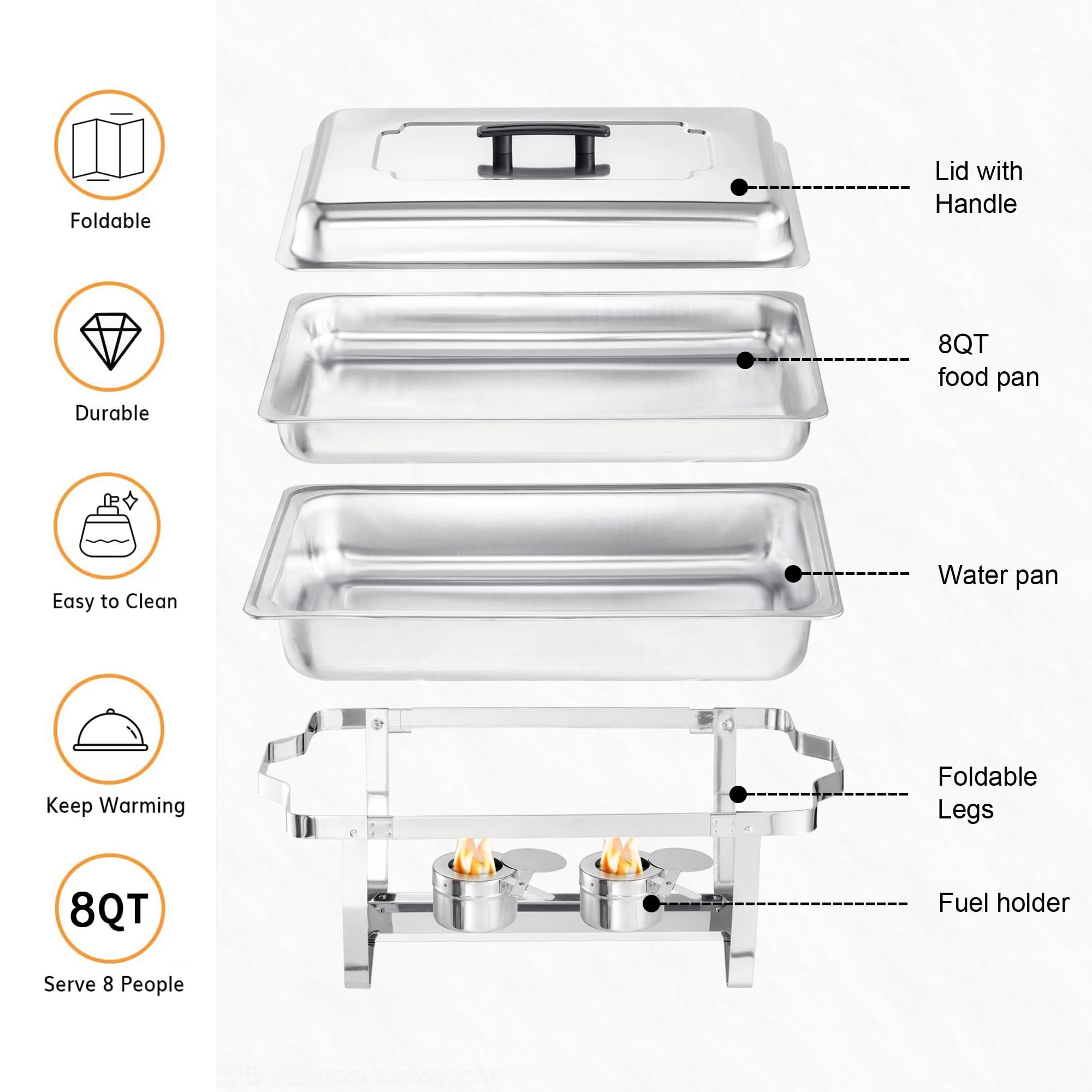 MRIISEL Chafing Dish Buffet Set - 4 Pack, 8 Quart Stainless Steel Chafer Buffet Servers and Warmers Set with Folding Frame for Weddings, Parties, Banquets, and Catering Eventst