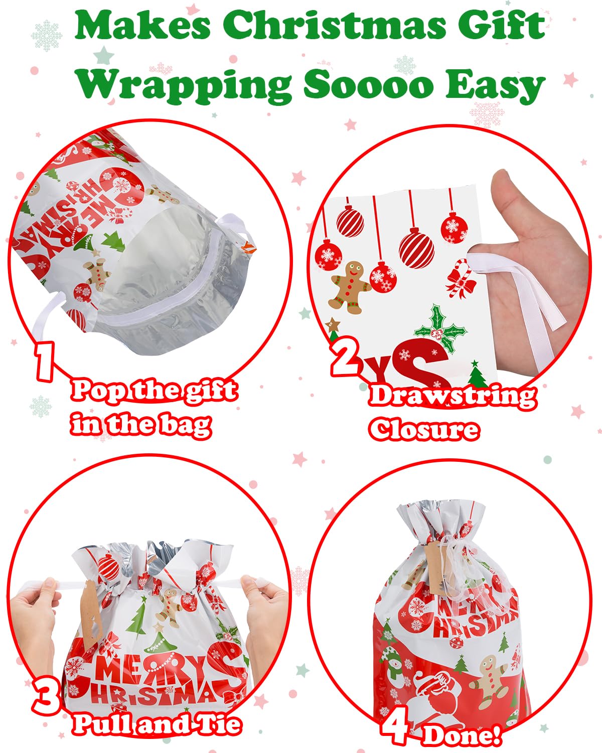 Christmas Gift Bags, 30pcs Christmas Bags for Gifts, Drawstring Christmas Gift Bags Assorted Sizes-Large, Medium, Small, Christmas Wrapping Paper Reusable Plastic Christmas Bags Bulk, Holiday Gift Bag