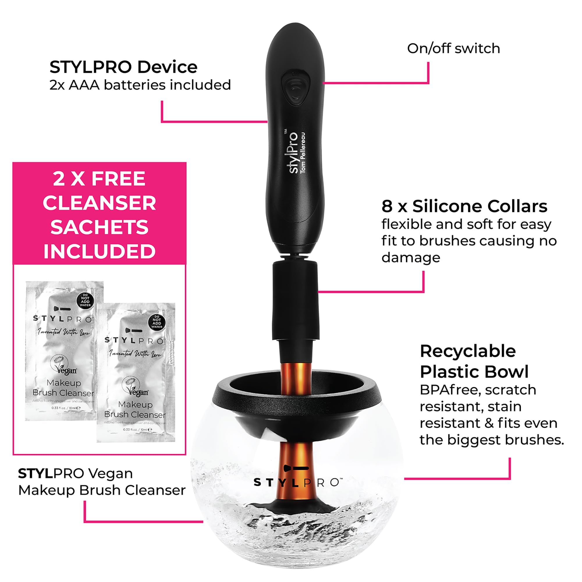 Stylideas Stylpro Original Makeup Brush Cleaner and Dryer - Clean and Dry Makeup Brushes in 30 Seconds - Removes Dirt, Pollutants, and Stains - 1 pc.