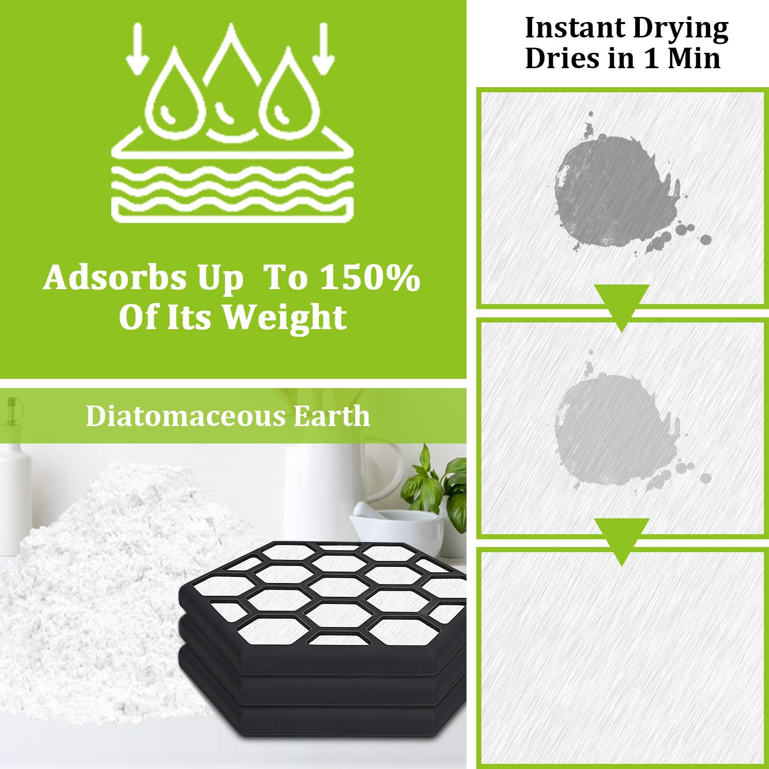 Stone Drying Mat for Kitchen Counter,Instant Dry Diatomaceous Earth Stone Rack Tableware Mat wit Antislip Silicone Pad,Heat Resistant,Fast Dry,Super Absorbent Multi-Purpose Stone Dish Drying Mat Tray