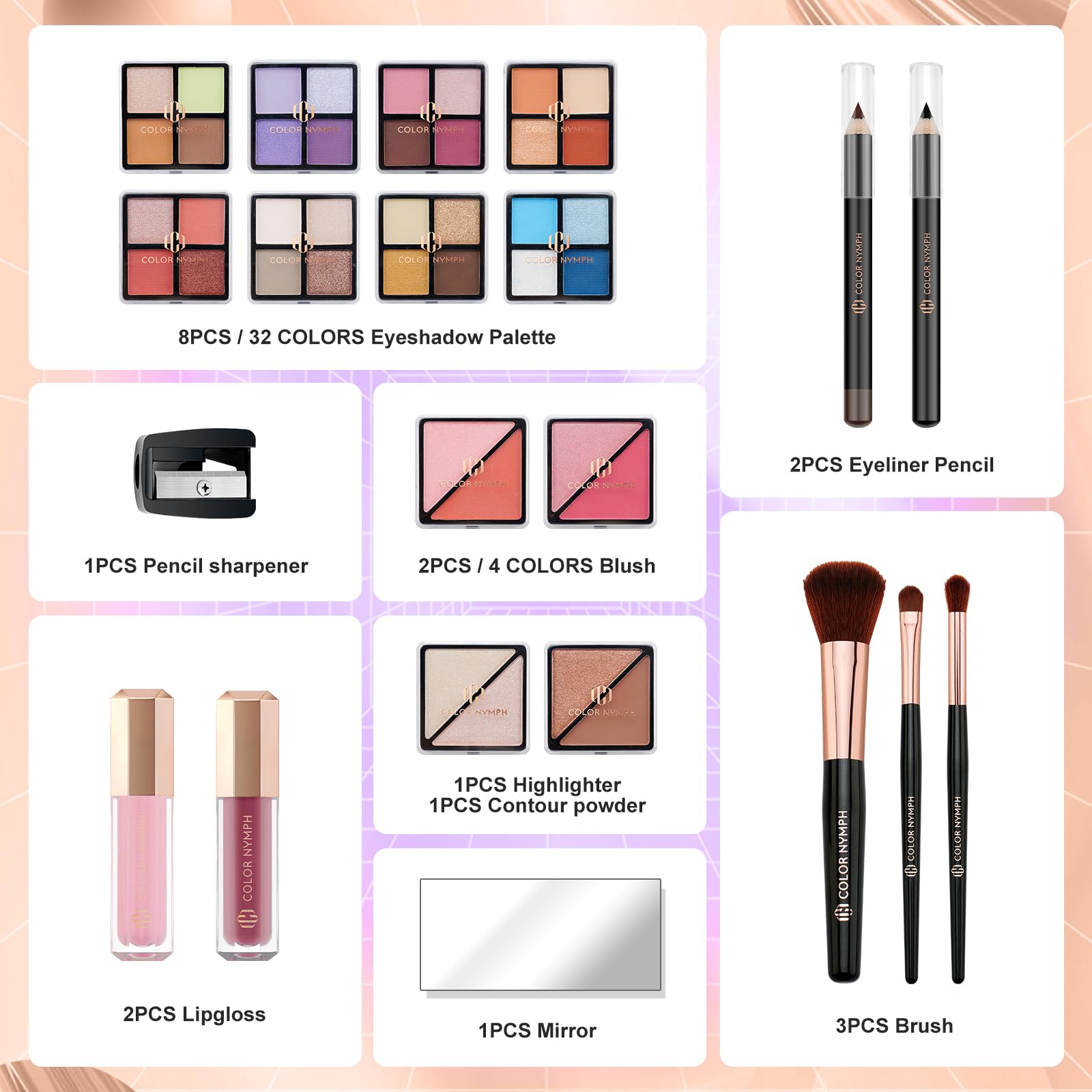 Color Nymph Girls Makeup Kit For Teenagers Girls With Train Case, Full Starter Cosmetics Set Included Included 32 Colors Eyeshadow, Bronzer, Contour Powder, Blush, Highlighter, Lip Gloss (Pink)