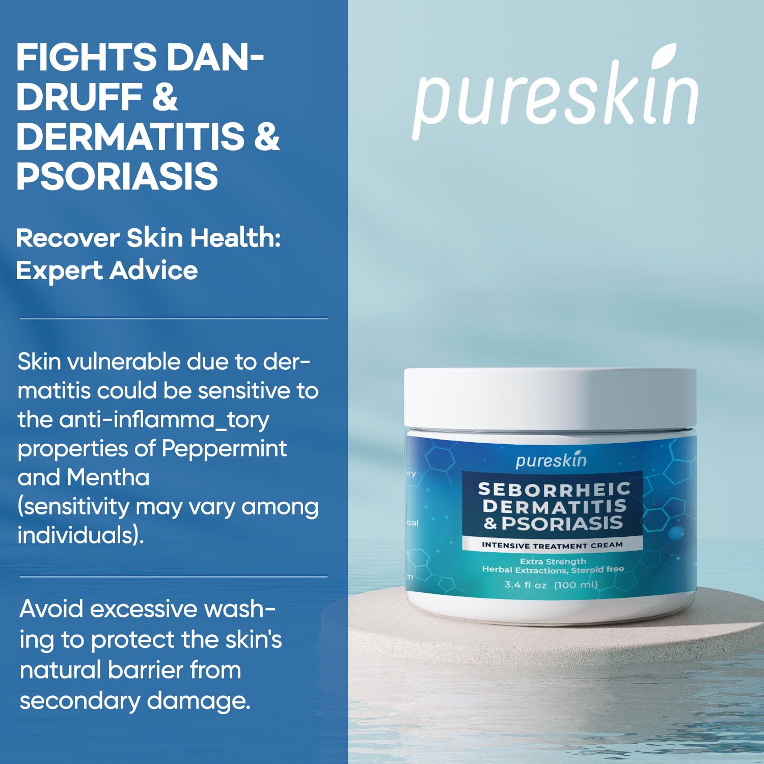 PURESKIN Seborrheic Dermatitis Cream Ketoconazole: Psoriasis Eczema Treatment for Skin Scalp - with Herbal Natural Relief for Flaking Irritated Skin, 3.4 Oz