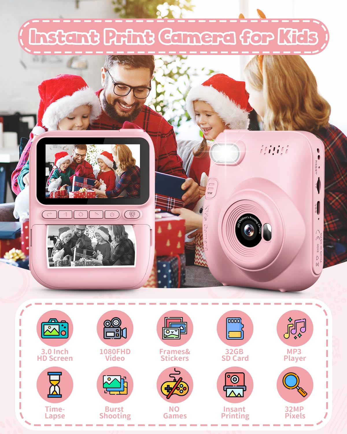 LETSHAHA Kids Instant Print Camera, 3.0-inch HD Screen 32MP Photo Instant Digital Camera Christmas Birthday Gifts Toys for Toddle Children Girls Boys Age 3-12 - Pink