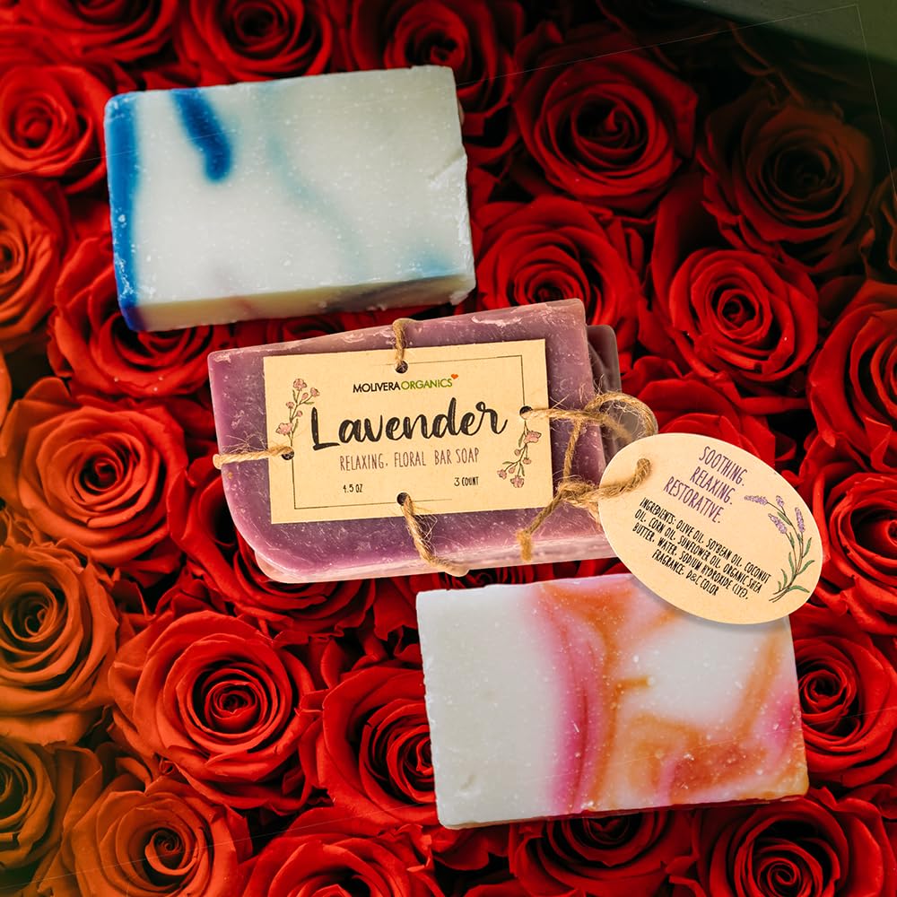 Molivera Organics Handmade Lavender Soap (3 Count) - Soothing Face and body cleansing and moisturizing. Safe for all skin types.