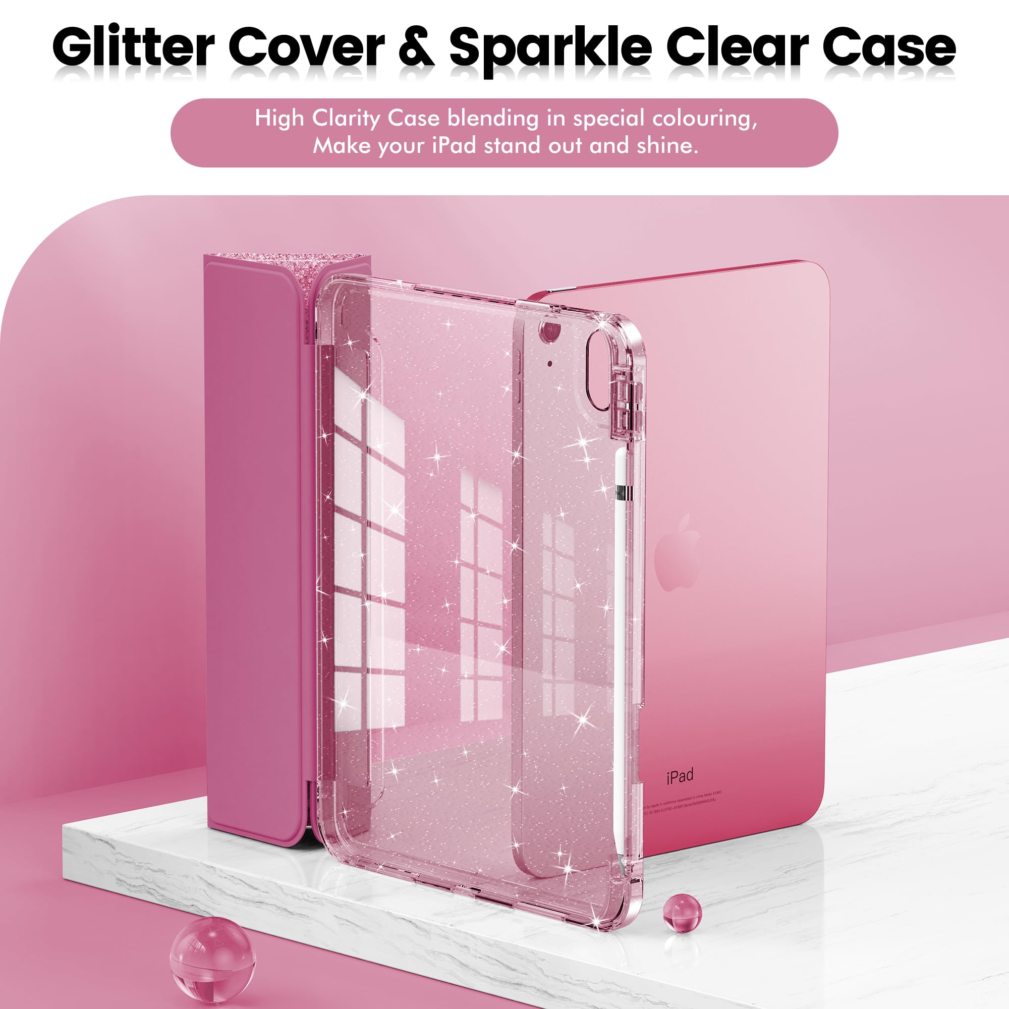 INFILAND Compatible with iPad 10th Generation Case, iPad Case 10th Generation 10.9 Inch for Kids, Girls, Cute Glitter Cover with Sparkly Crystal Clear Back, Pencil Holder, Anti-Yellowing, Rose Pink