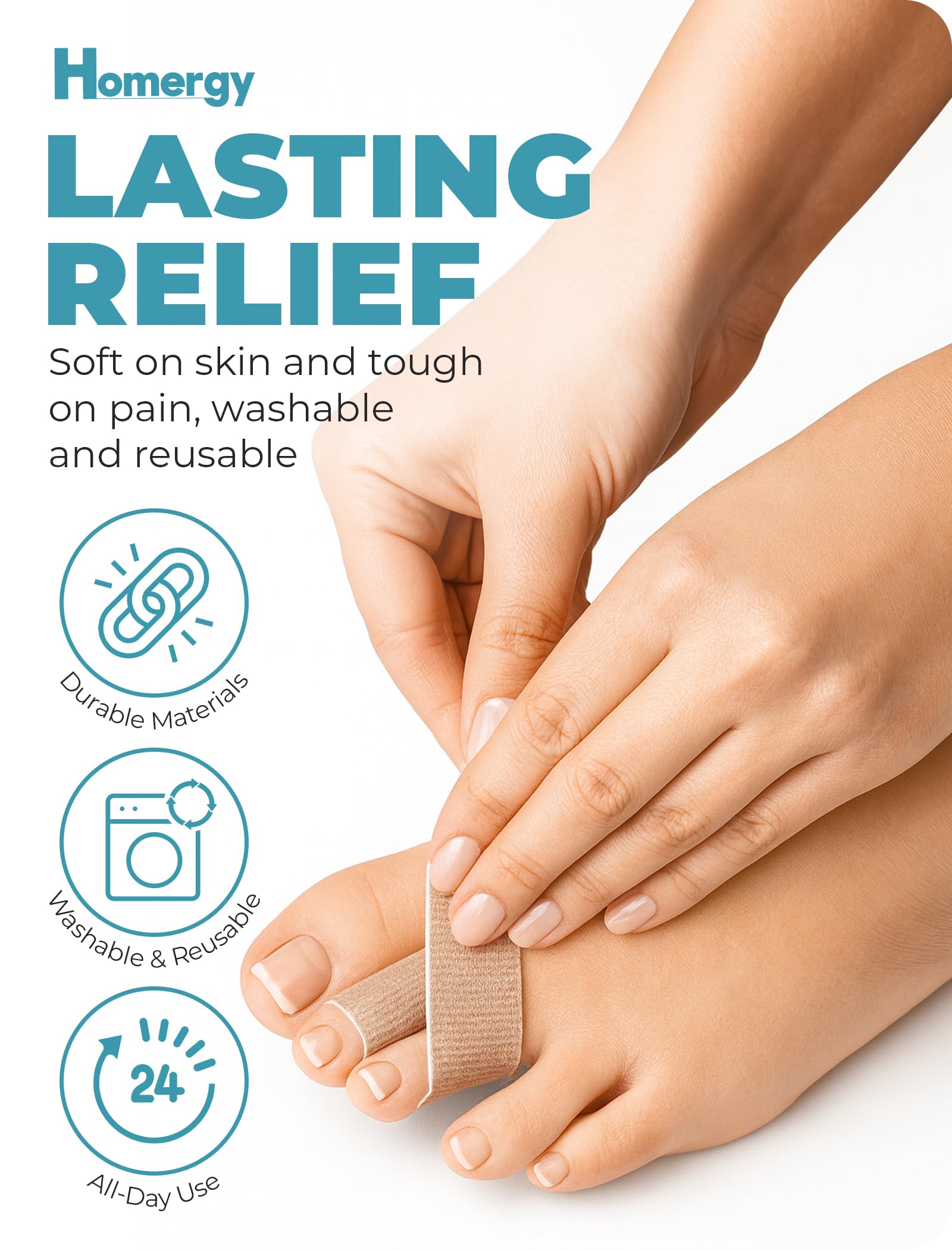 Homergy Hammer Toe corrector for Women and Men, 4 Pack, (Next Generation), Reusable Fabric Buddy Wraps for Broken Toes, Hammertoe Corrector