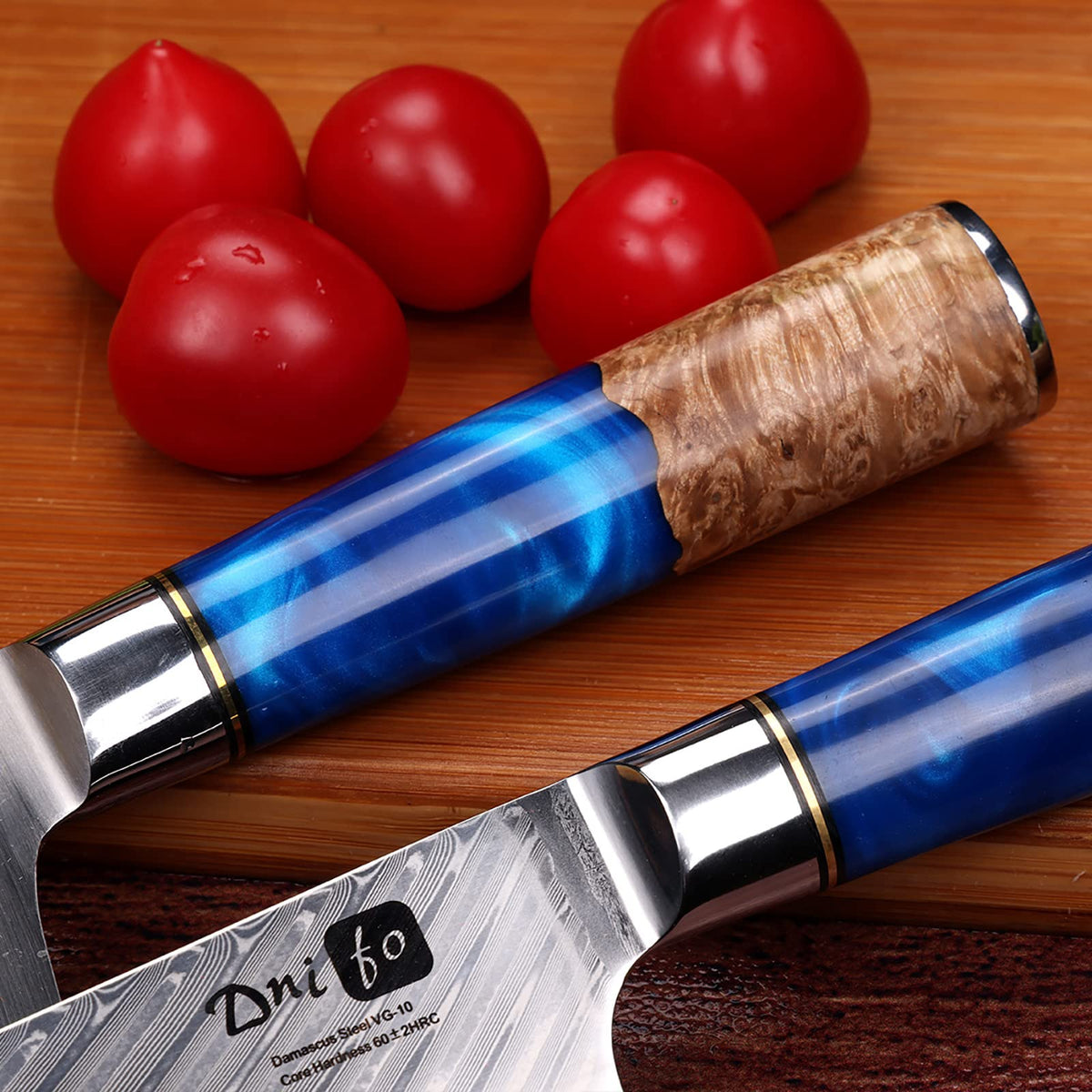 Cloverpeia Chef Knife 8 inch Professional Kitchen Knife, Damascus VG-10 67-Layer Stainless Steel Japanese Chef Knife, Damascus Chef Knife Ergonomic Blue Resin & Wood Handle Gift Box